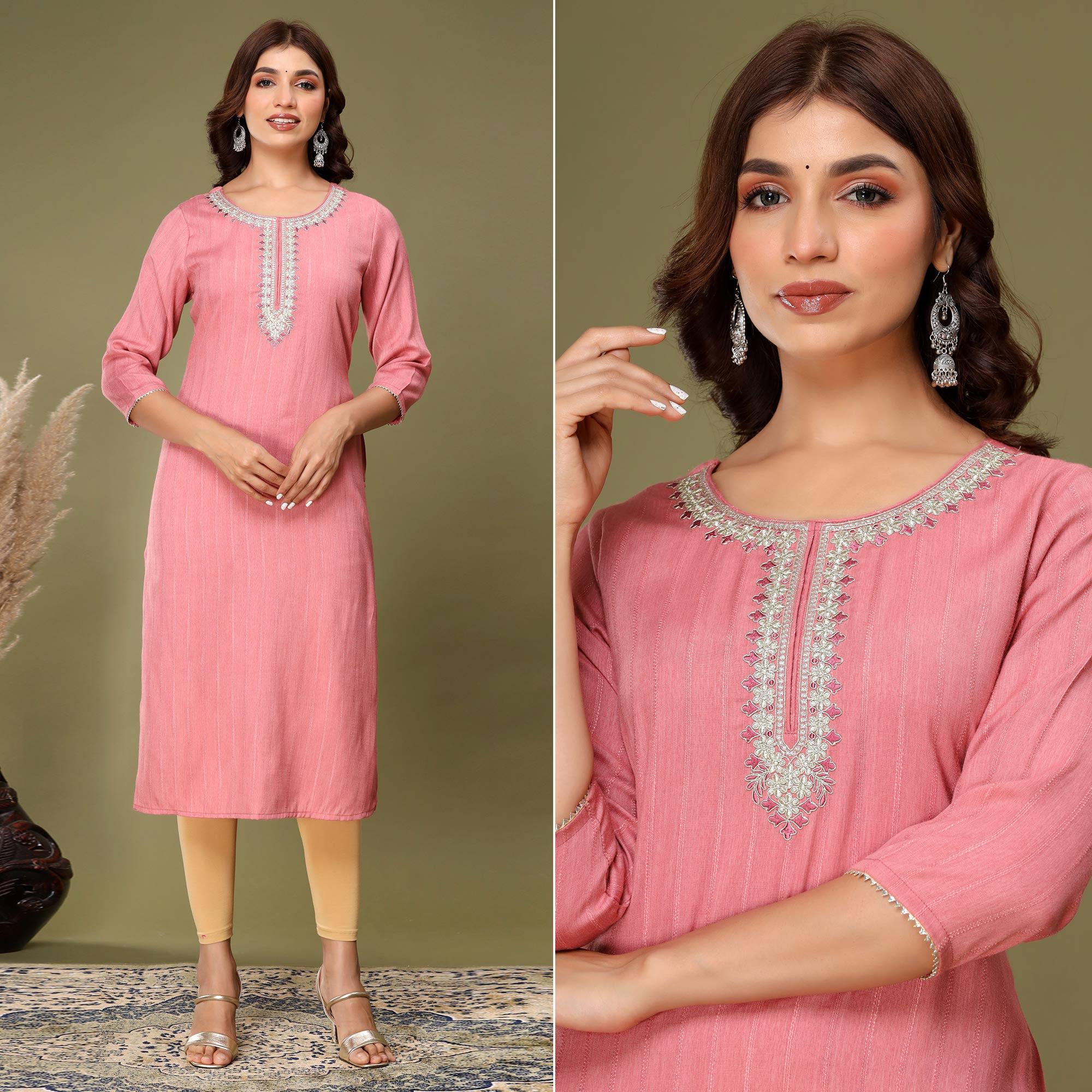 Pink Embroidered Rayon Kurti - Peachmode