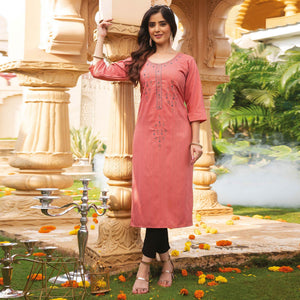 Pink Embroidered Rayon Kurti - Peachmode