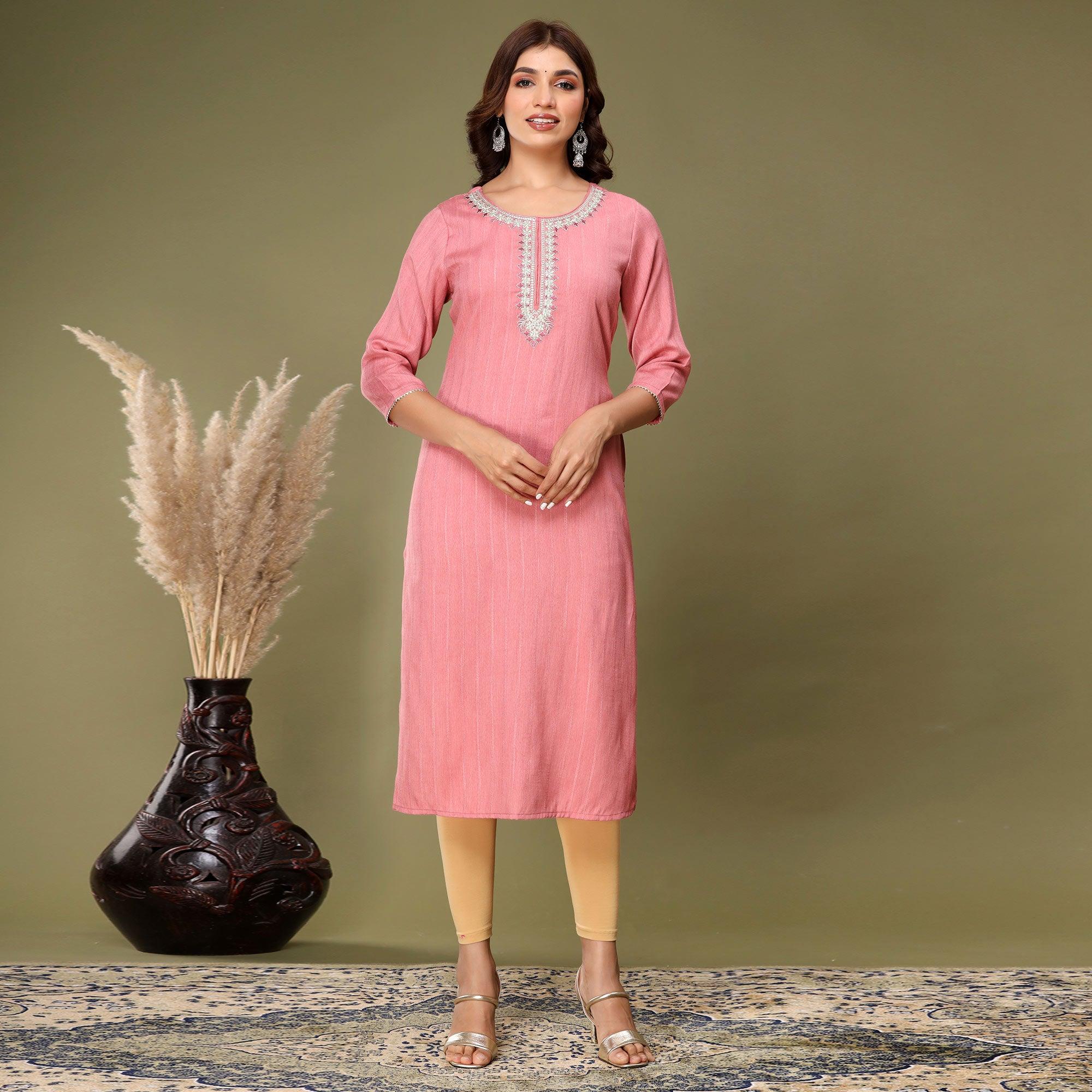 Pink Embroidered Rayon Kurti - Peachmode