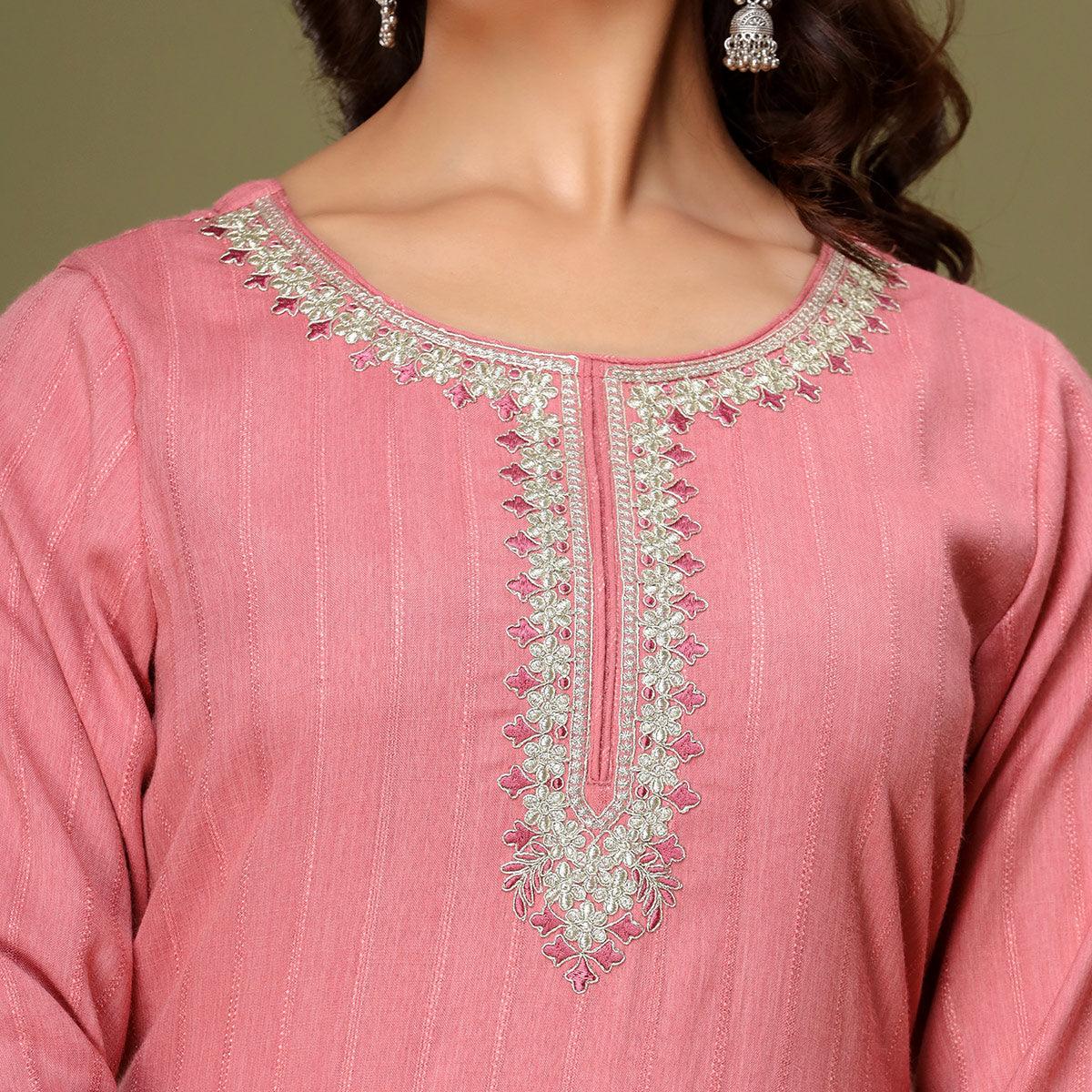 Pink Embroidered Rayon Kurti - Peachmode