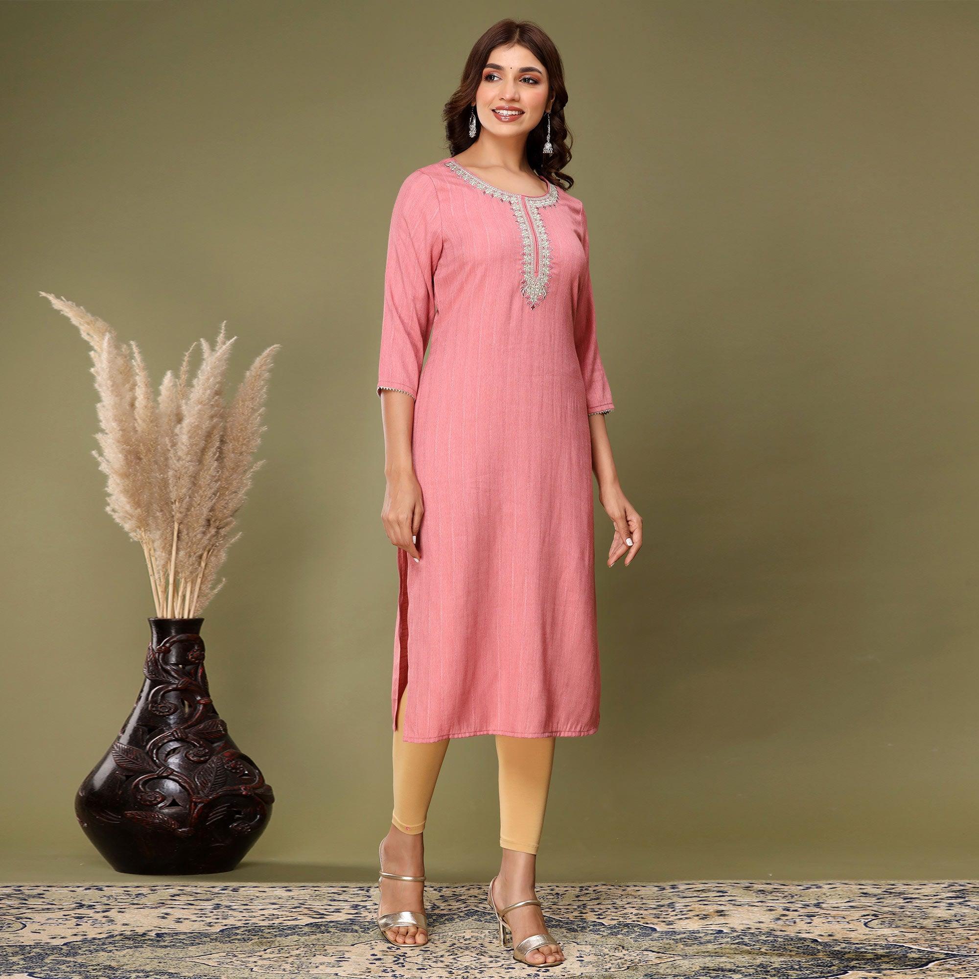 Pink Embroidered Rayon Kurti - Peachmode