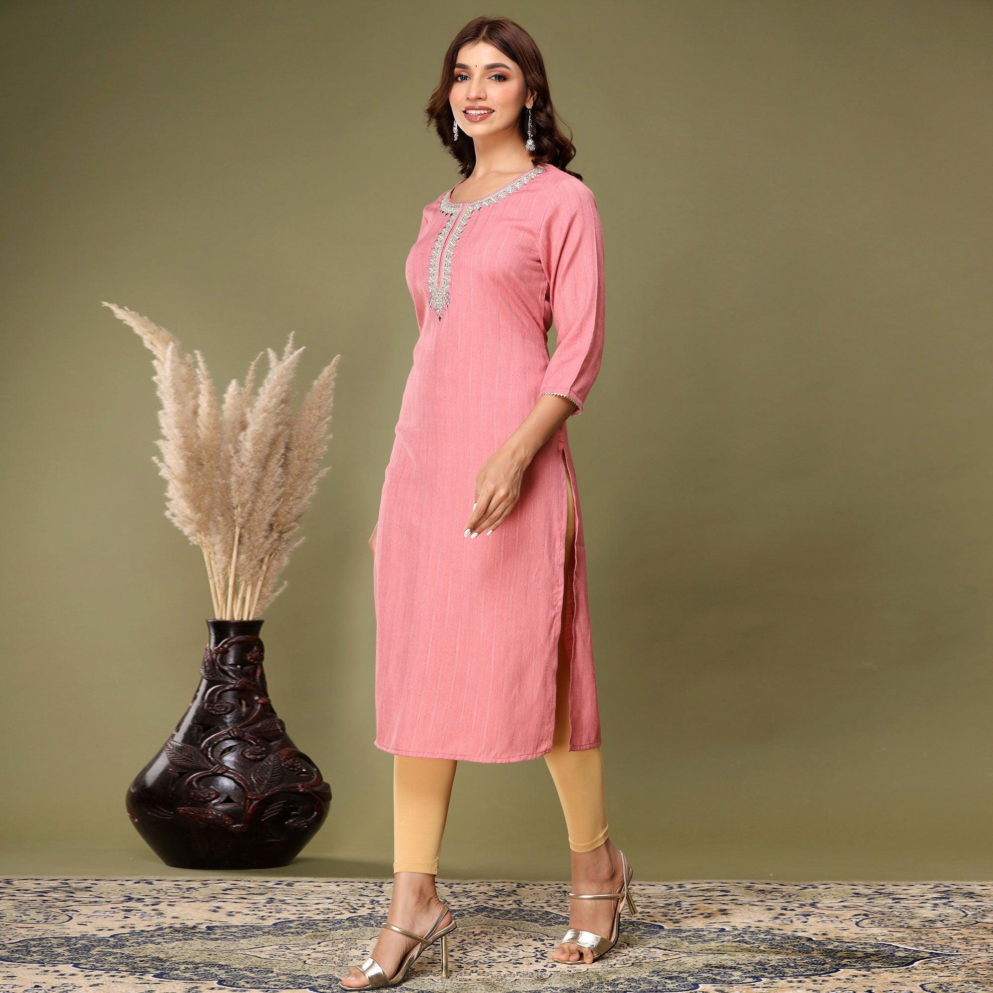 Pink Embroidered Rayon Kurti - Peachmode