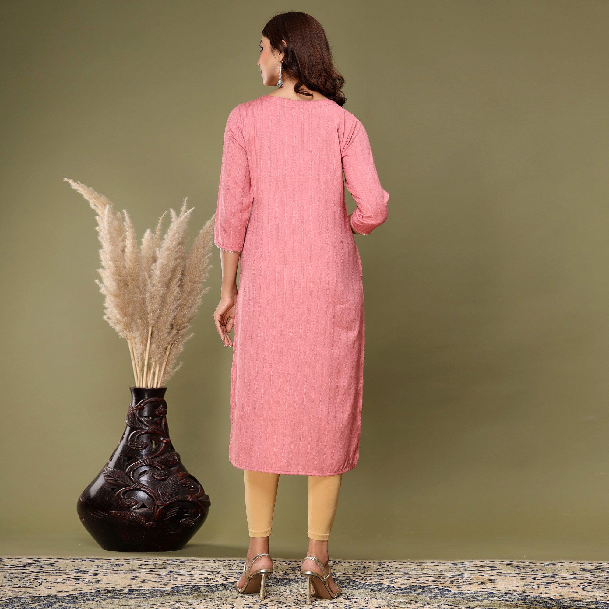 Pink Embroidered Rayon Kurti - Peachmode