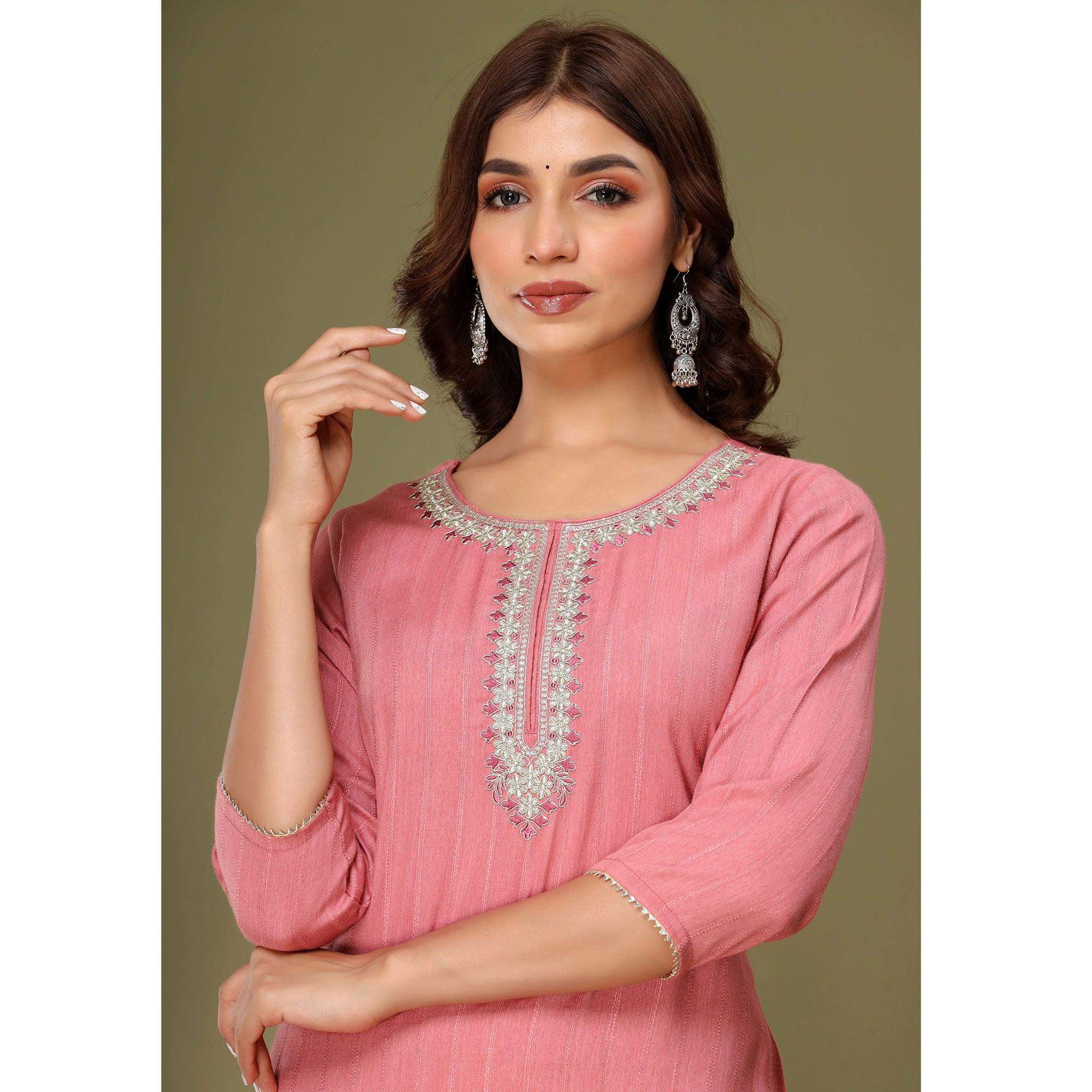 Pink Embroidered Rayon Kurti - Peachmode