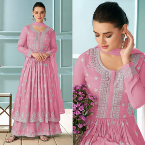 Pink Embroidered Rayon Palazzo Suit - Peachmode
