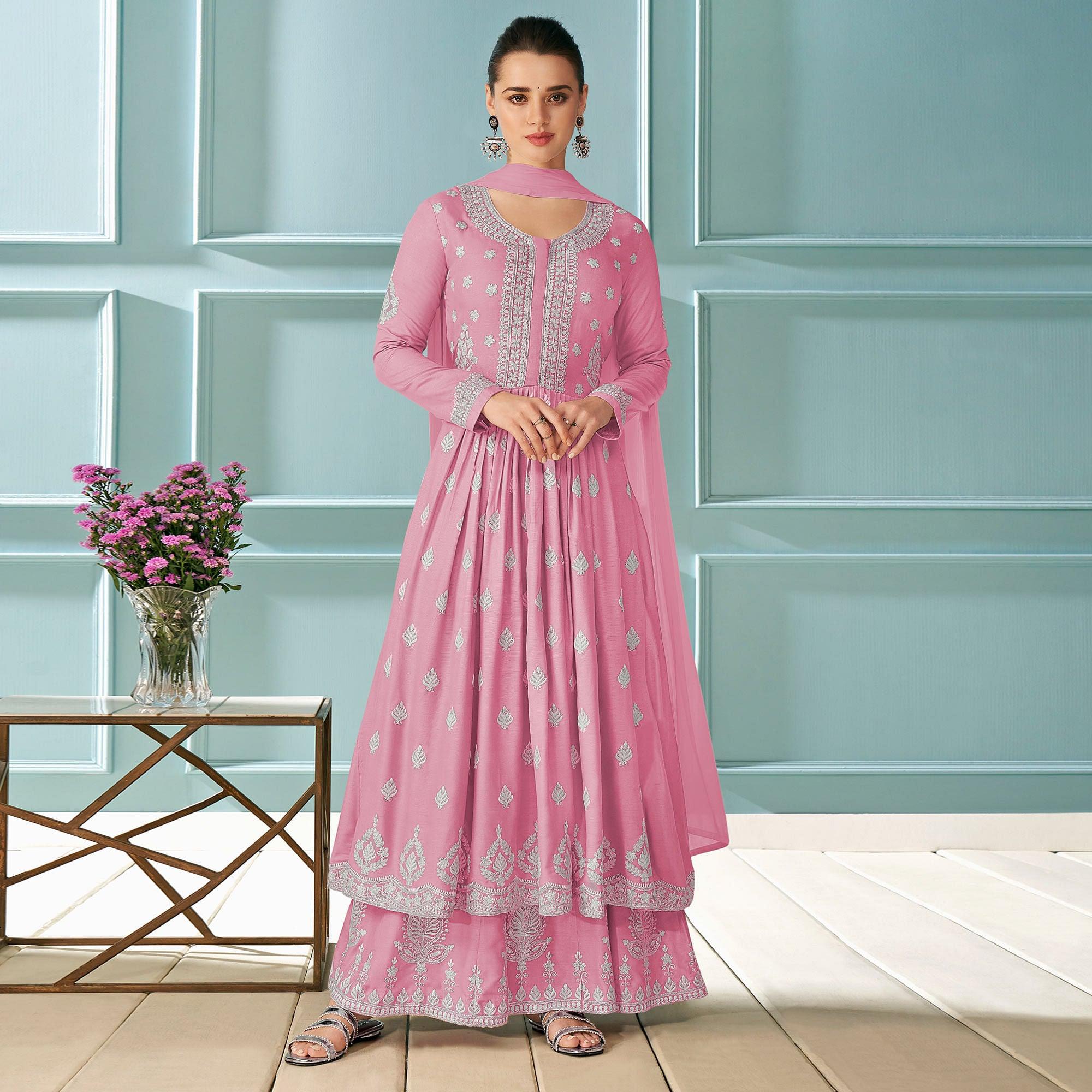 Pink Embroidered Rayon Palazzo Suit - Peachmode