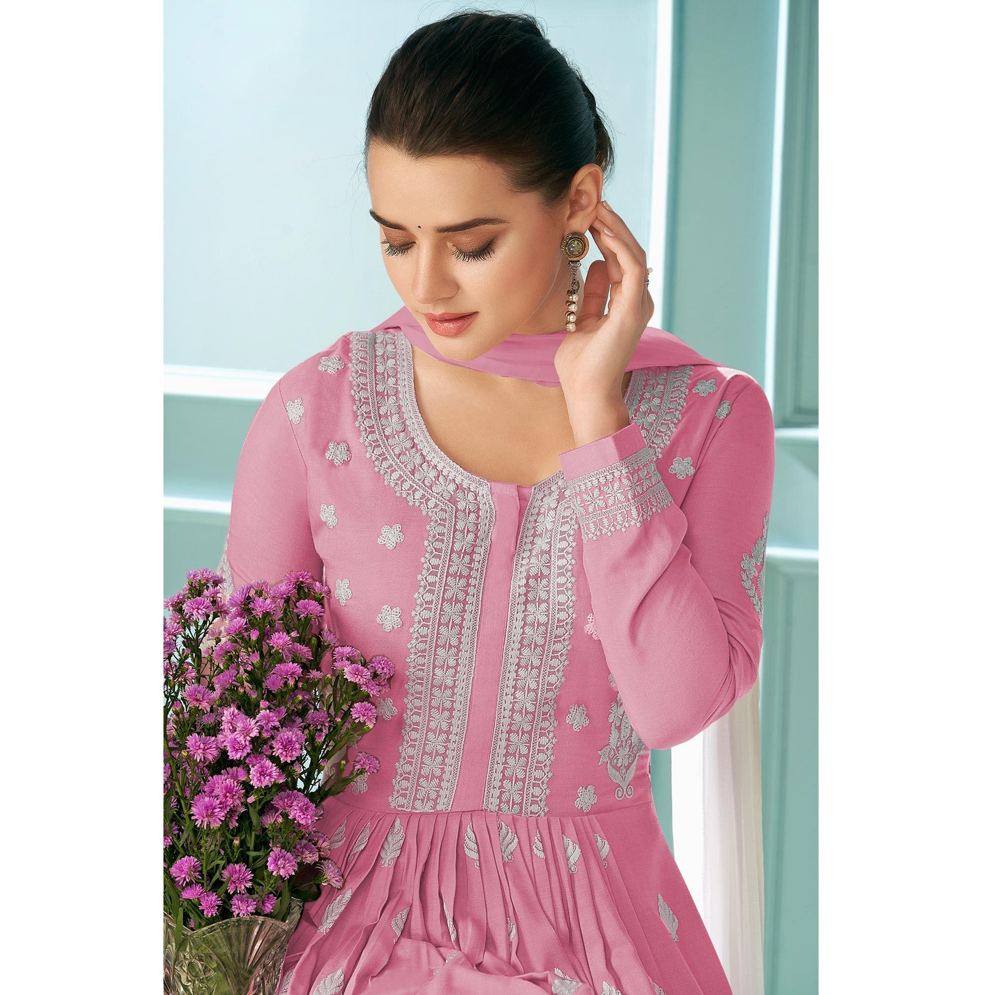 Pink Embroidered Rayon Palazzo Suit - Peachmode