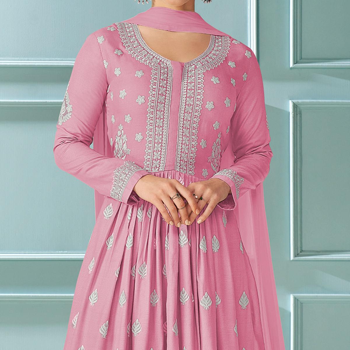Pink Embroidered Rayon Palazzo Suit - Peachmode