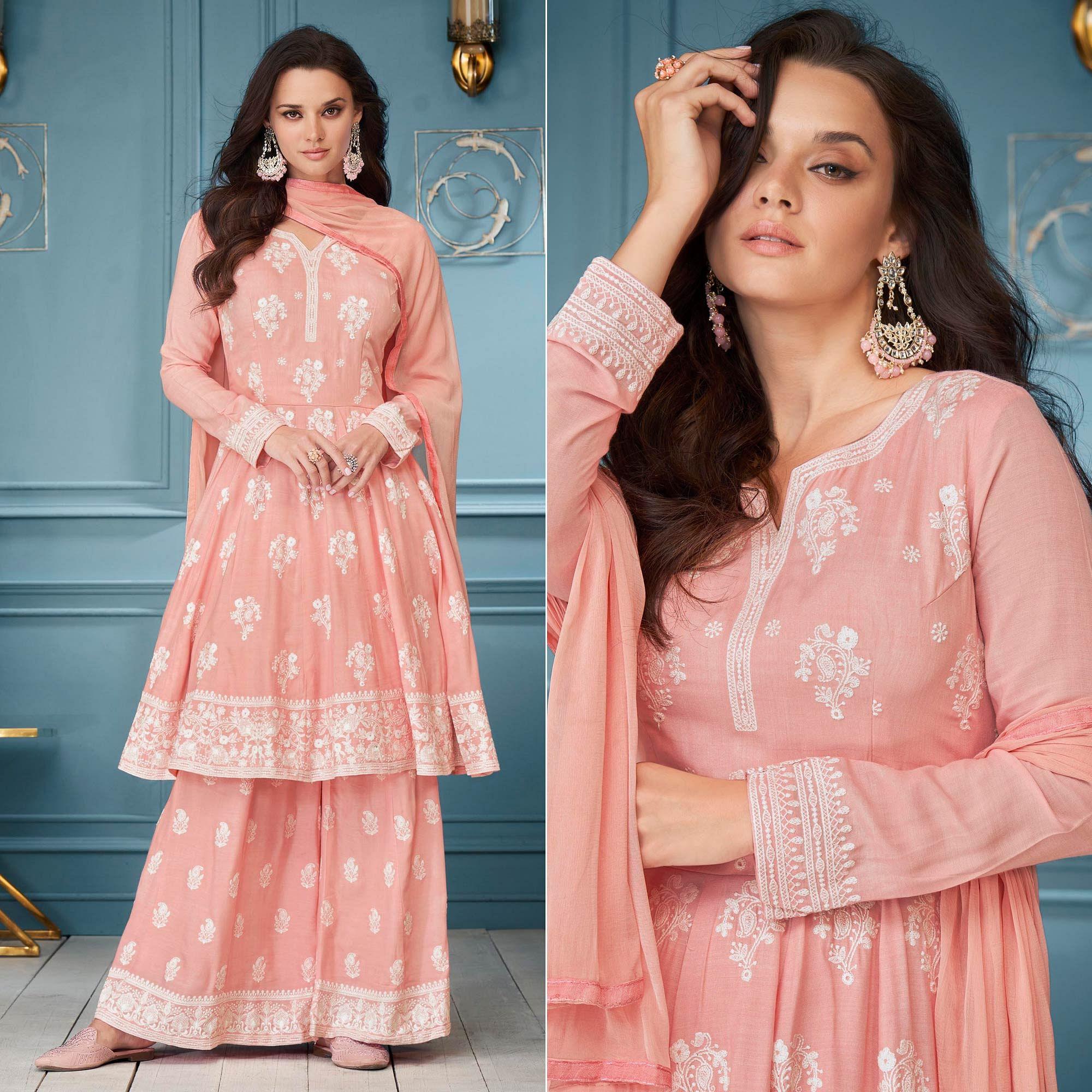 Pink Embroidered Rayon Sharara Suit - Peachmode