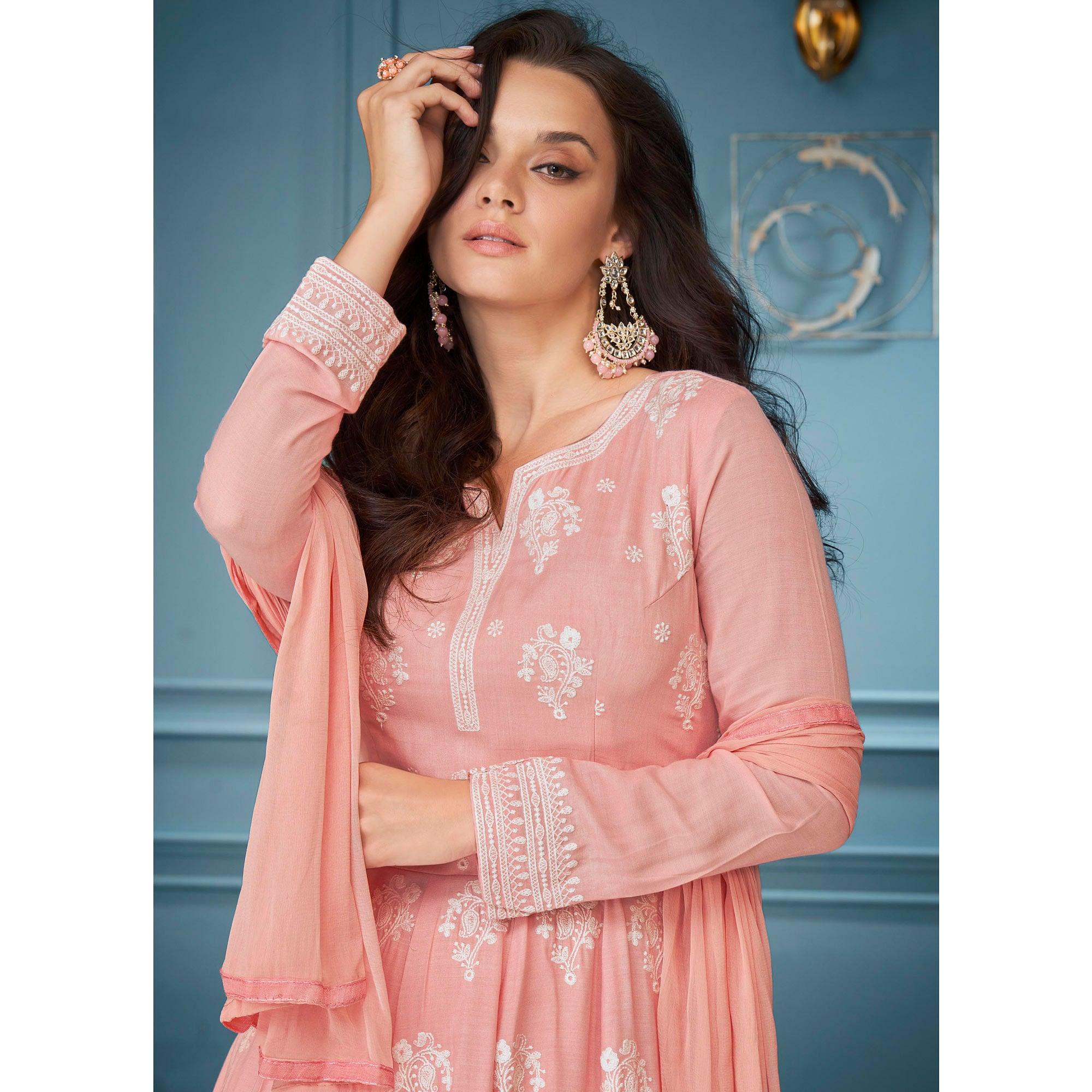 Pink Embroidered Rayon Sharara Suit - Peachmode