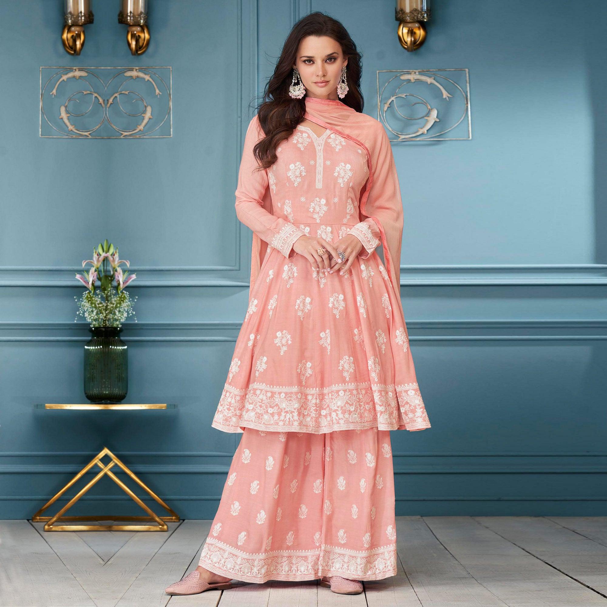 Pink Embroidered Rayon Sharara Suit - Peachmode