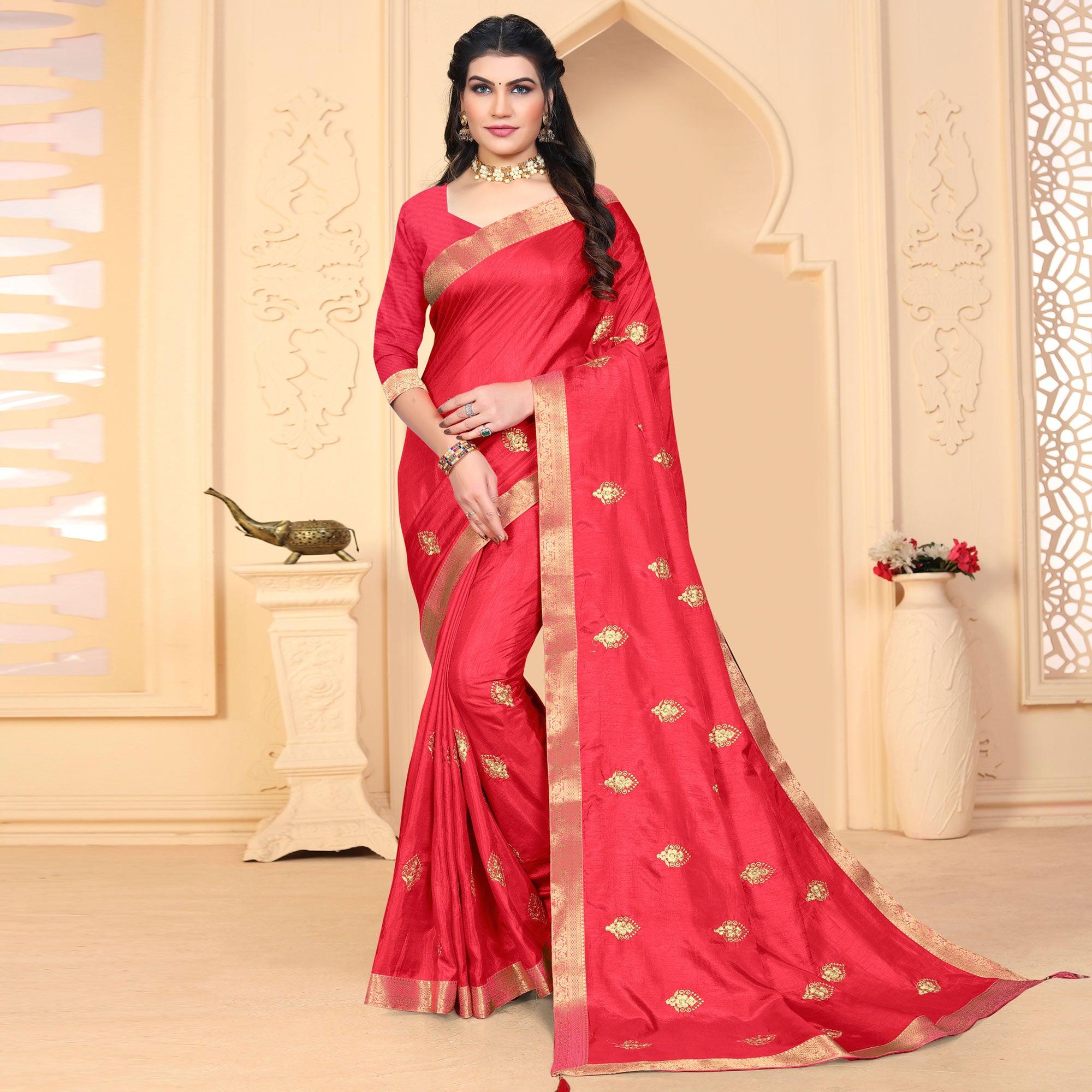 Pink Embroidered Vichitra Silk Saree - Peachmode