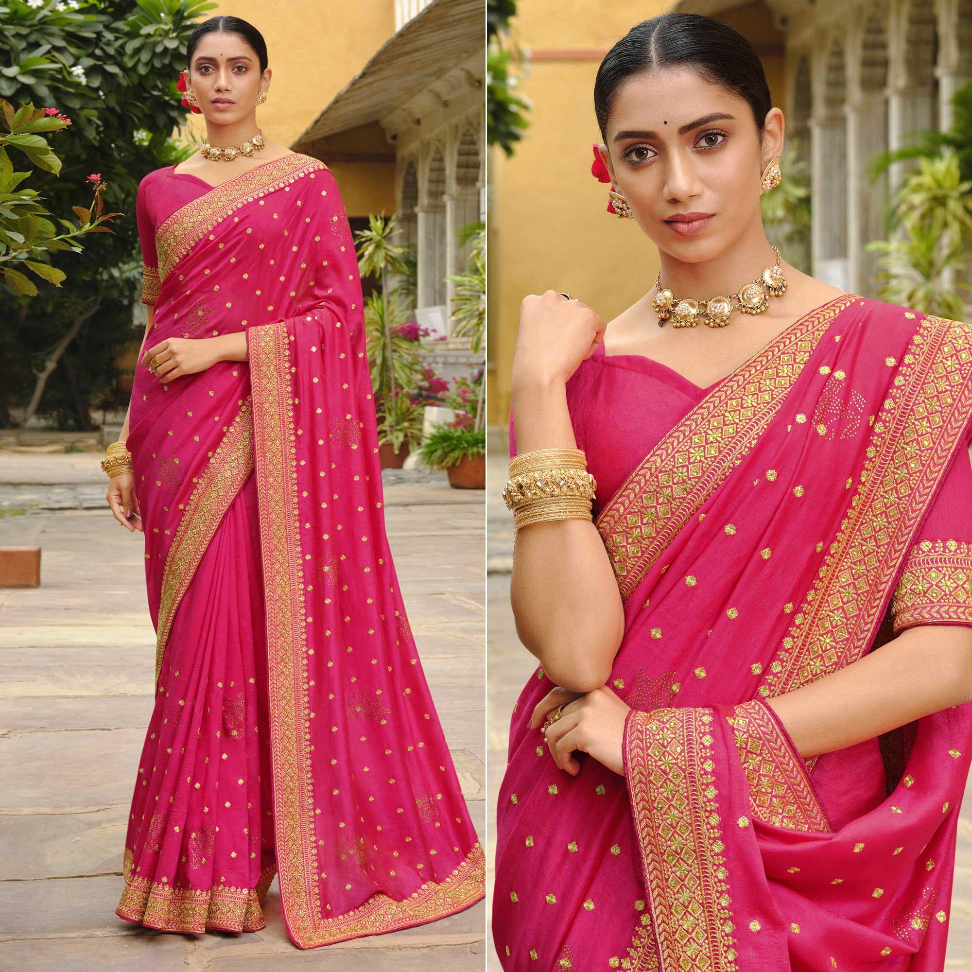 Pink Embroidered Vichitra Silk Saree - Peachmode