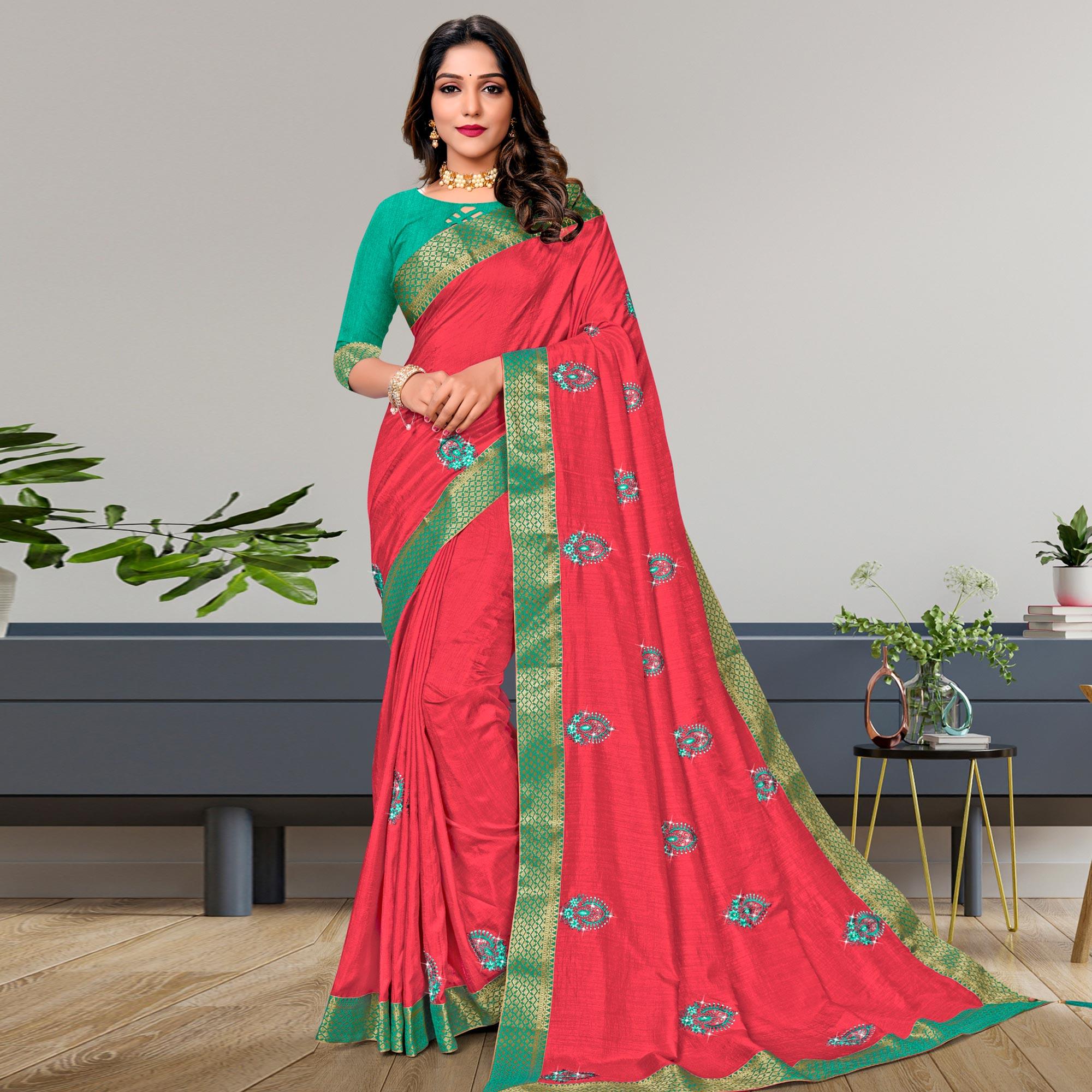 Pink Embroidered Vichitra Silk Saree - Peachmode