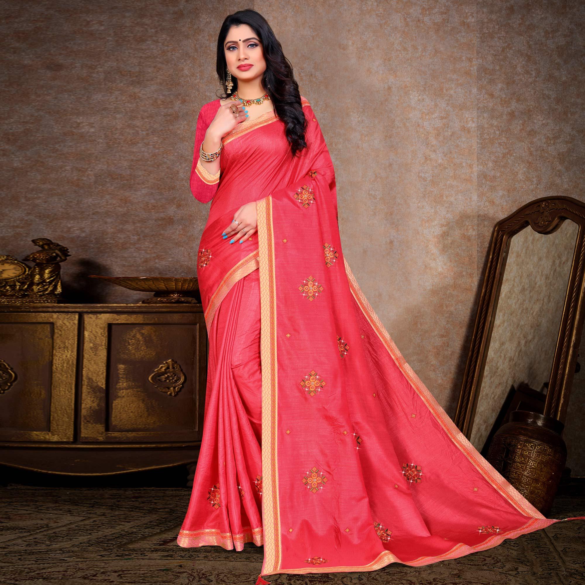 Pink Embroidered Vichitra Silk Saree - Peachmode
