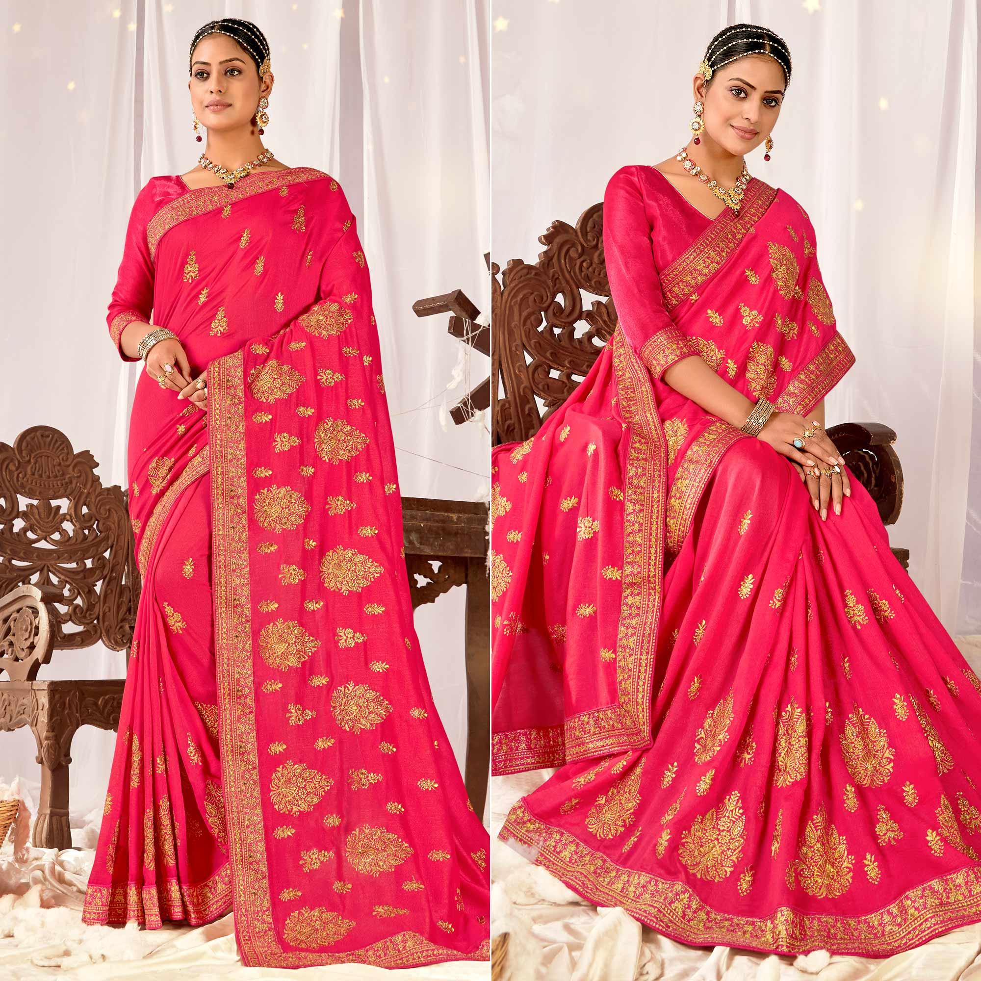 Pink Embroidered Vichitra Silk Saree - Peachmode