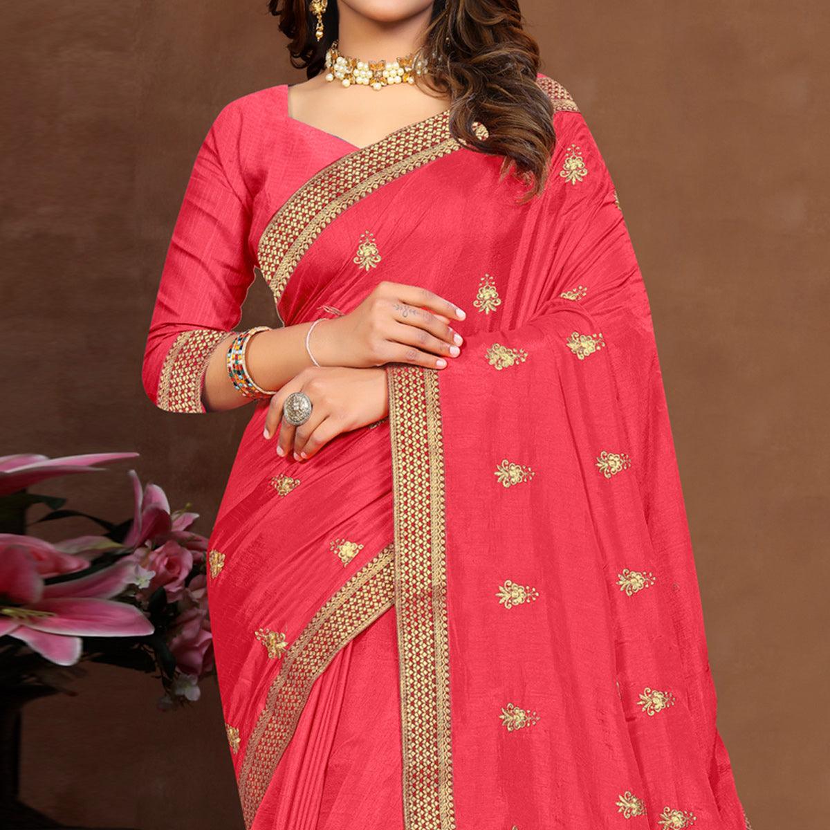 Pink Embroidered Vichitra Silk Saree - Peachmode
