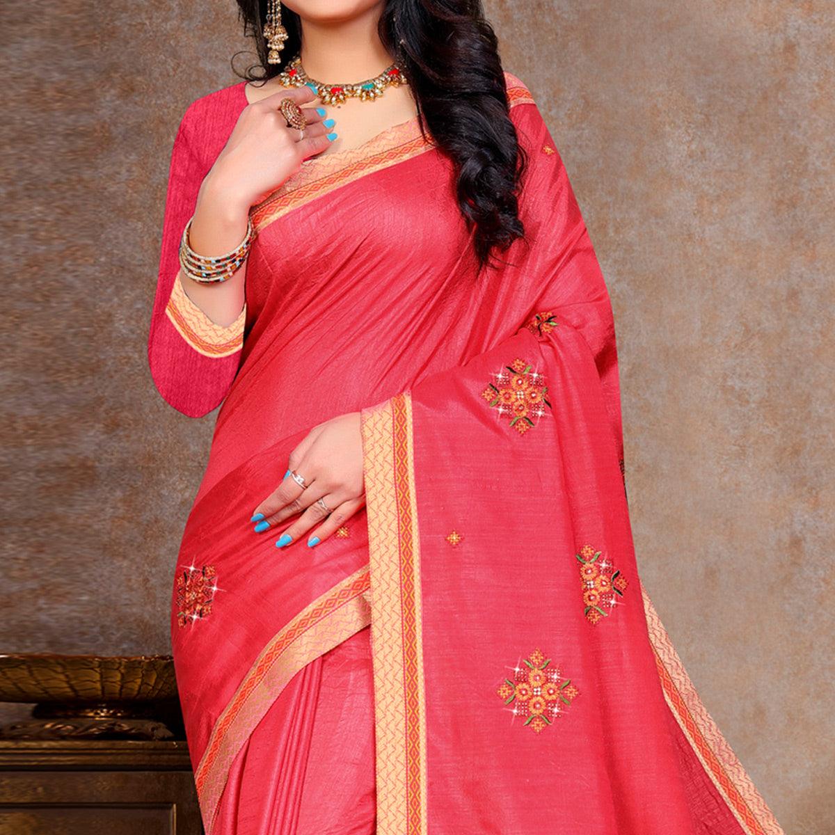Pink Embroidered Vichitra Silk Saree - Peachmode