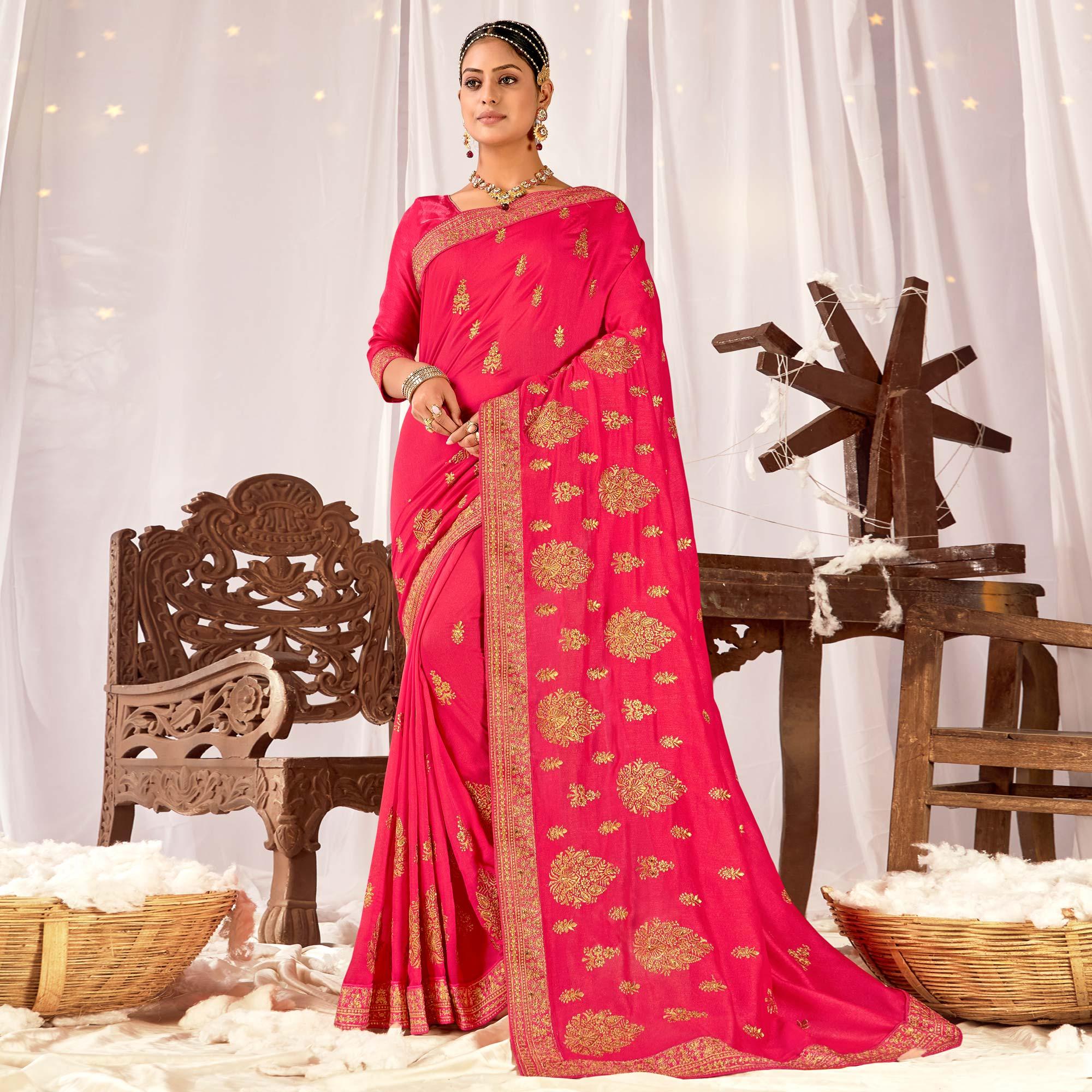 Pink Embroidered Vichitra Silk Saree - Peachmode