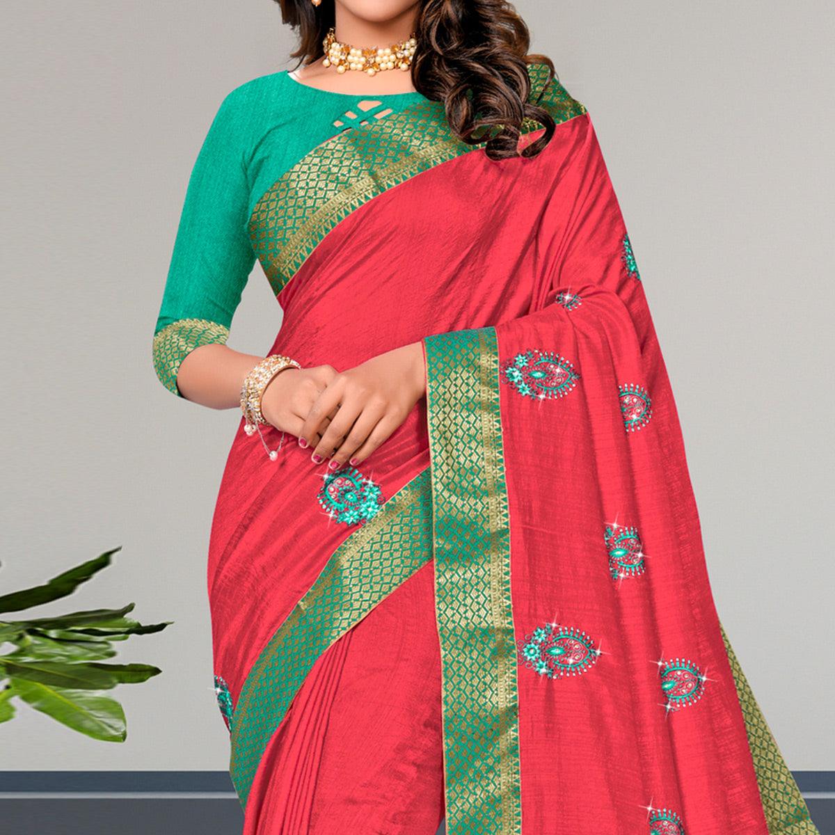 Pink Embroidered Vichitra Silk Saree - Peachmode