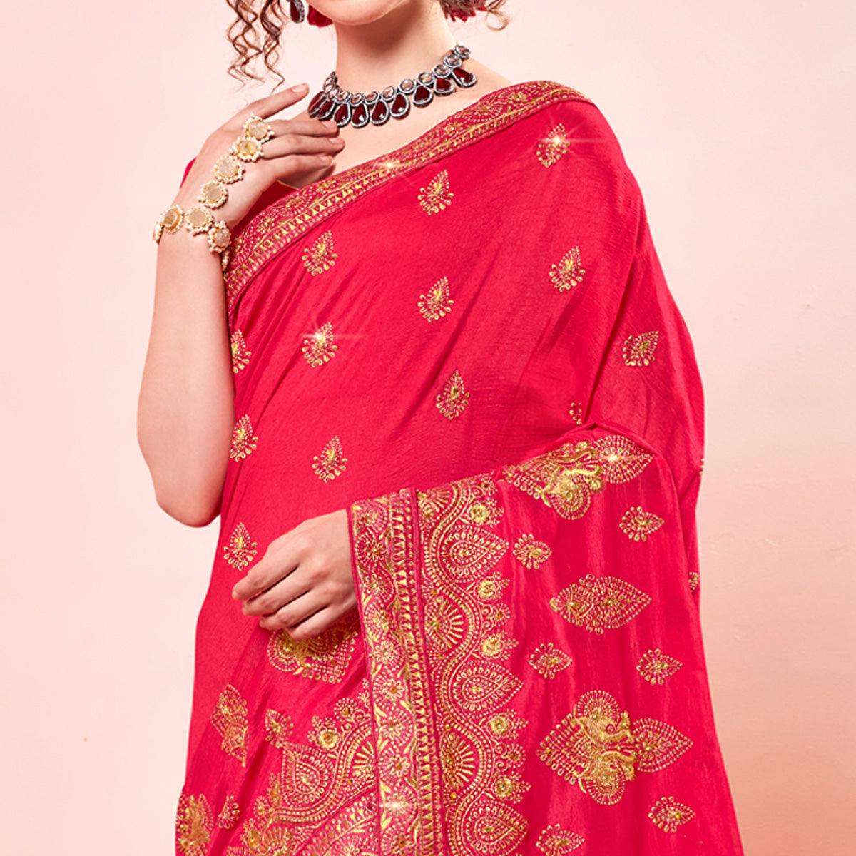 Pink Embroidered Vichitra Silk Saree - Peachmode