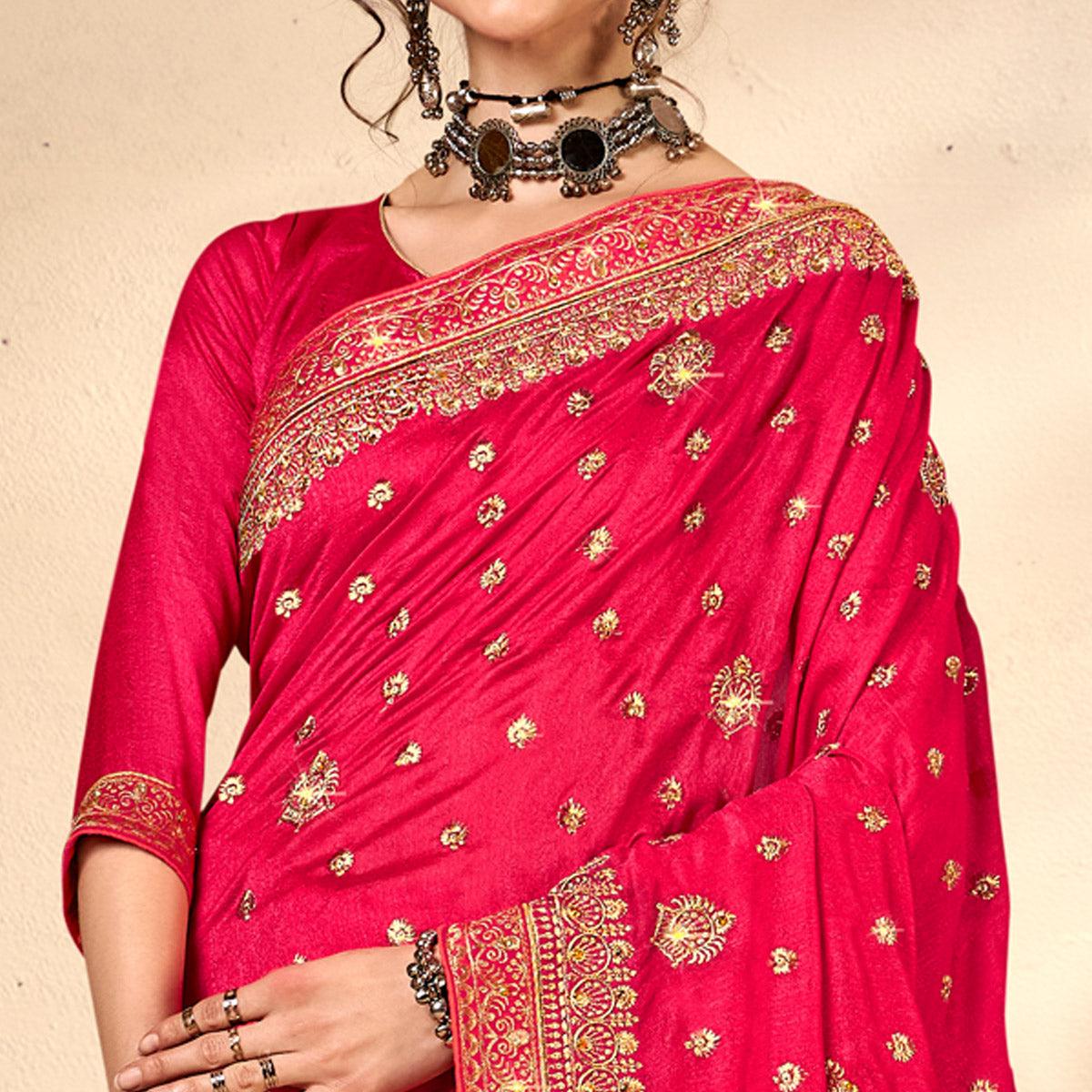 Pink Embroidered Vichitra Silk Saree - Peachmode