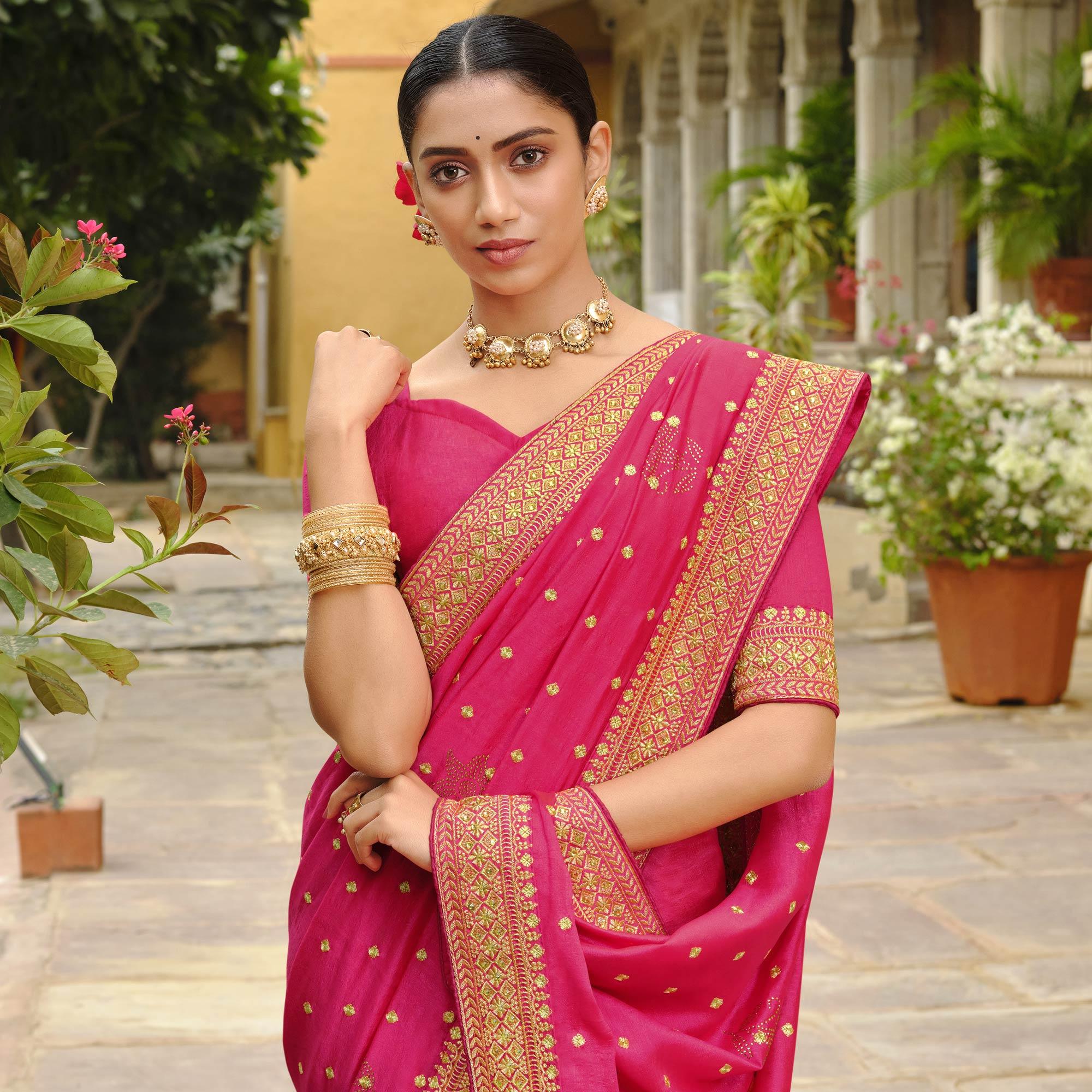 Pink Embroidered Vichitra Silk Saree - Peachmode
