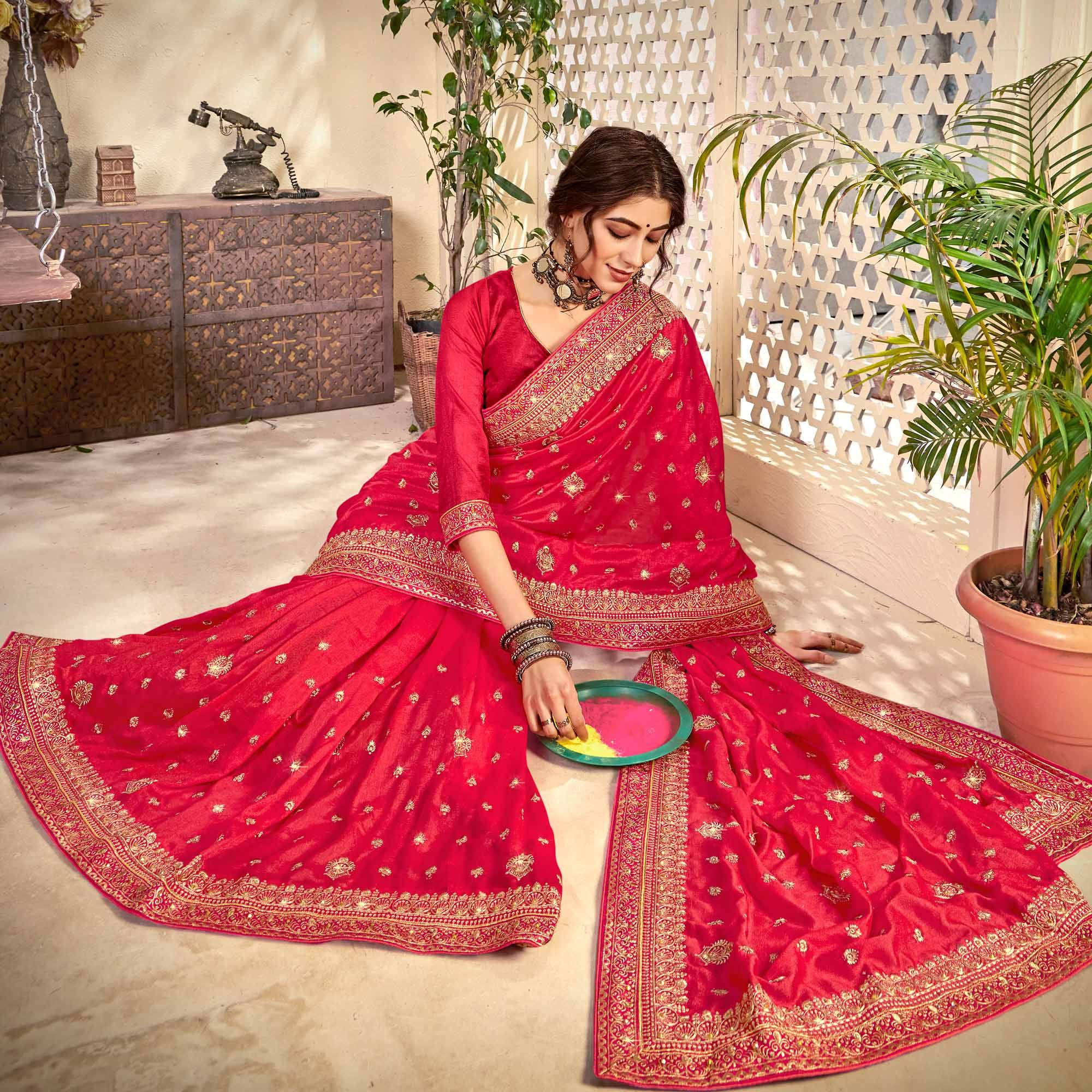 Pink Embroidered Vichitra Silk Saree - Peachmode