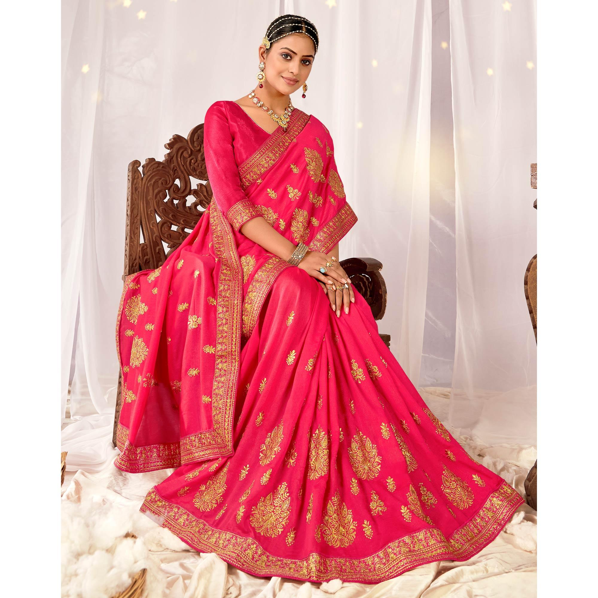 Pink Embroidered Vichitra Silk Saree - Peachmode