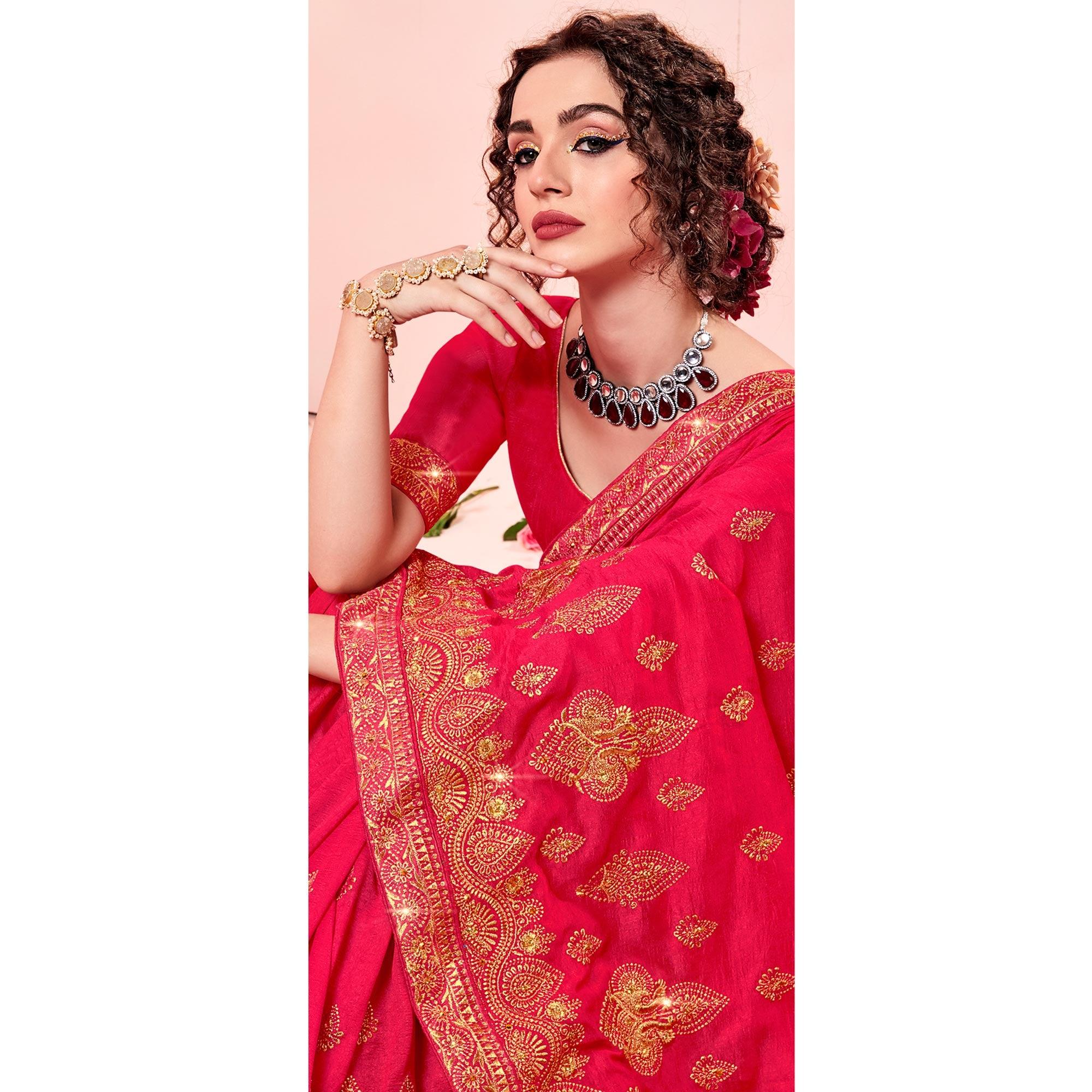 Pink Embroidered Vichitra Silk Saree - Peachmode