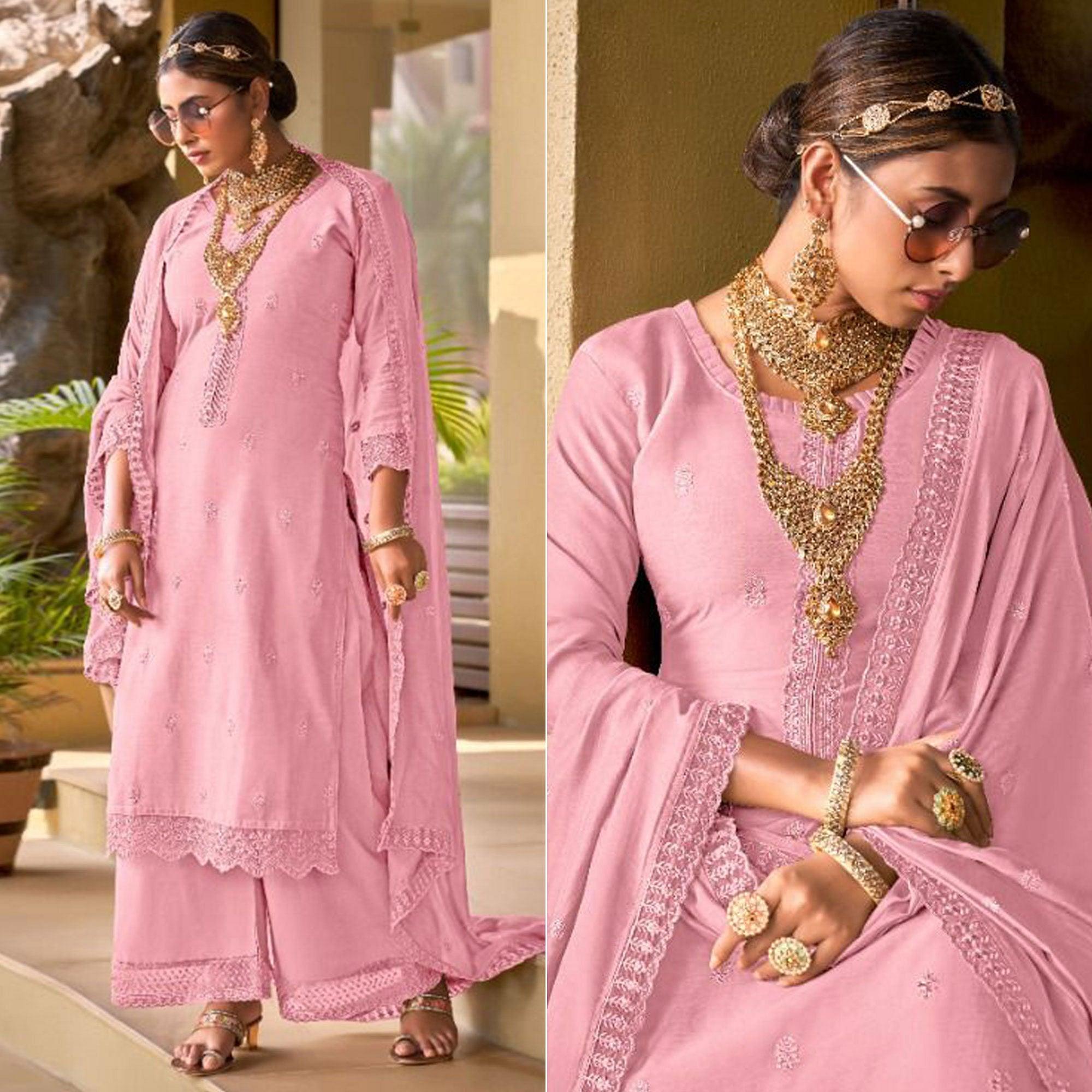 Pink Embroidered Viscose Palazzo Suit - Peachmode