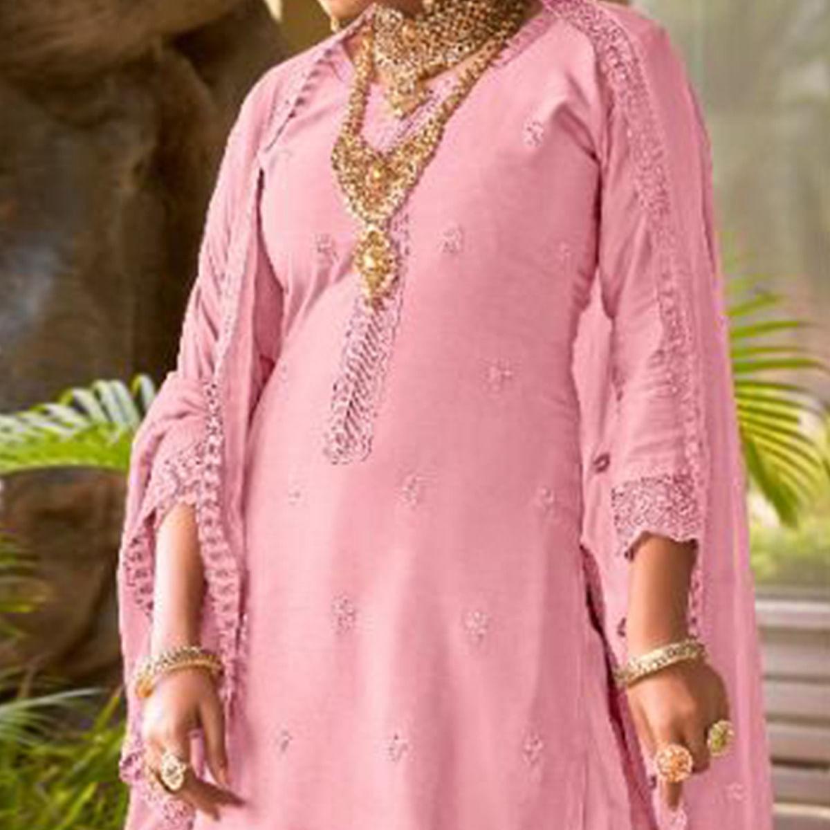 Pink Embroidered Viscose Palazzo Suit - Peachmode