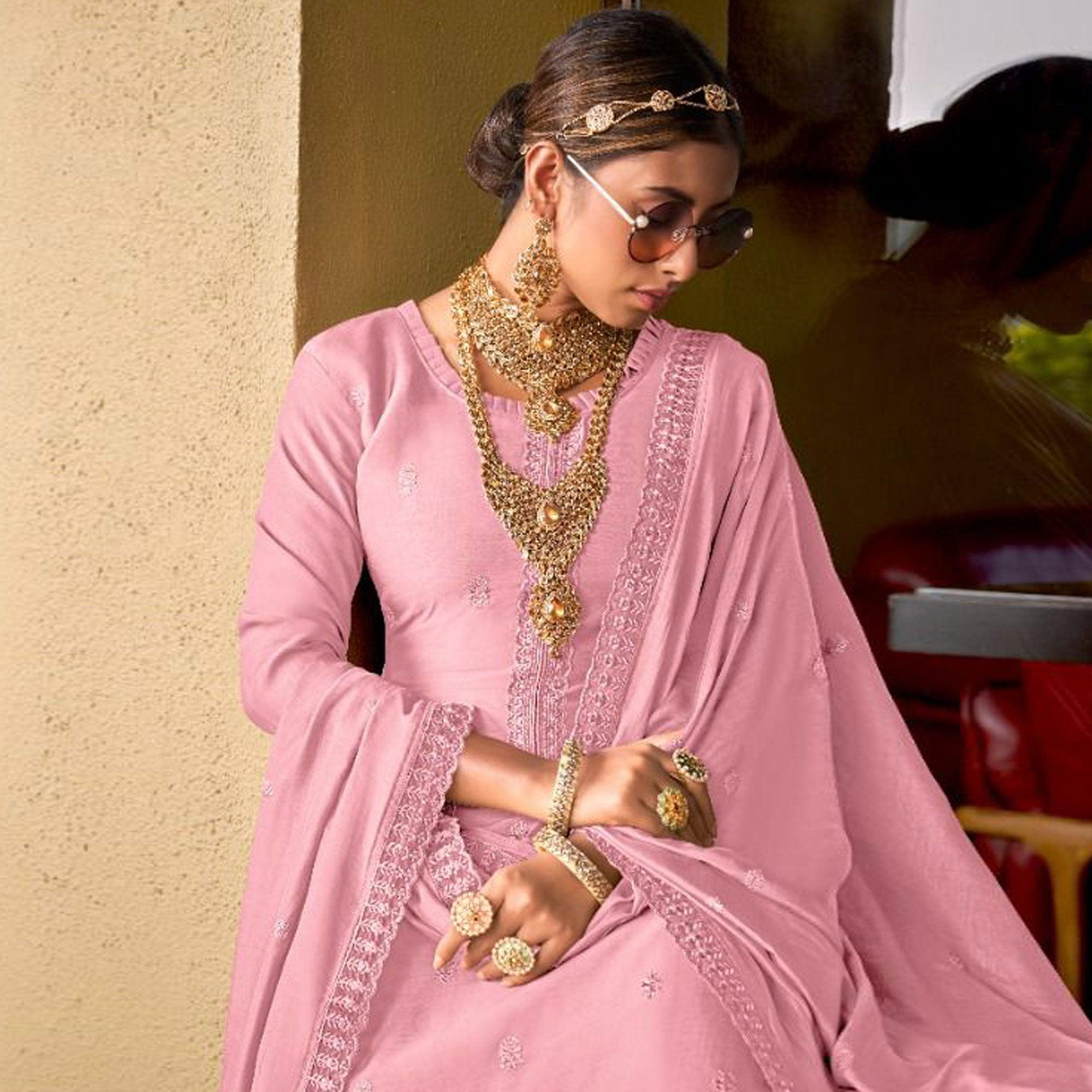 Pink Embroidered Viscose Palazzo Suit - Peachmode