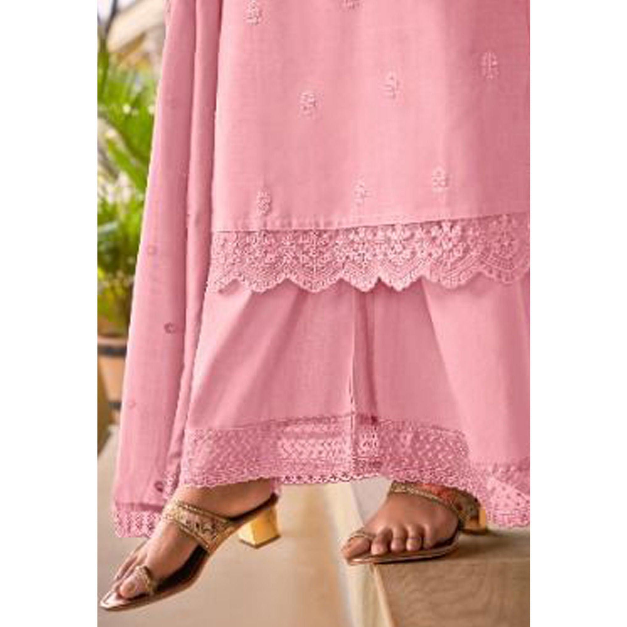 Pink Embroidered Viscose Palazzo Suit - Peachmode