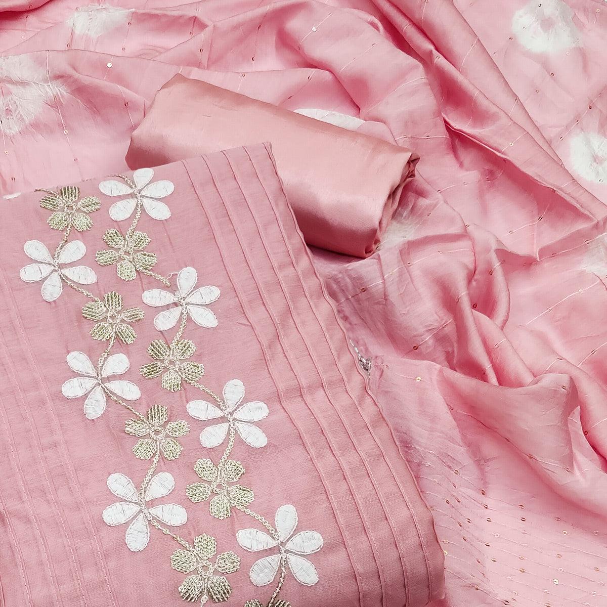 Pink Embroidered With Embellished Chanderi Dress Material - Peachmode