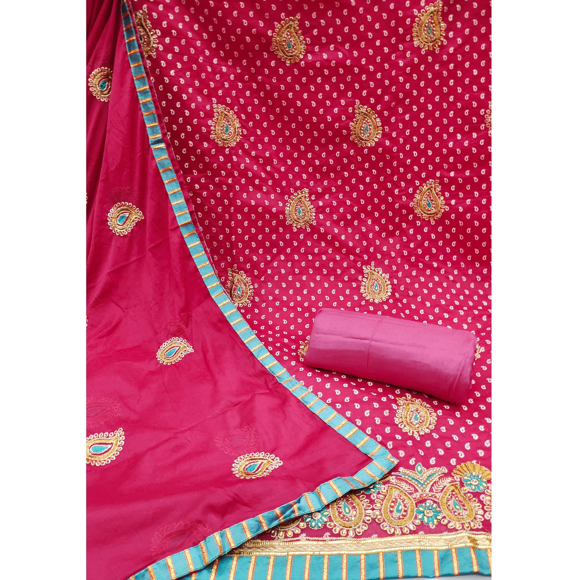 Pink Embroidered With Embellished Chanderi Dress Material - Peachmode