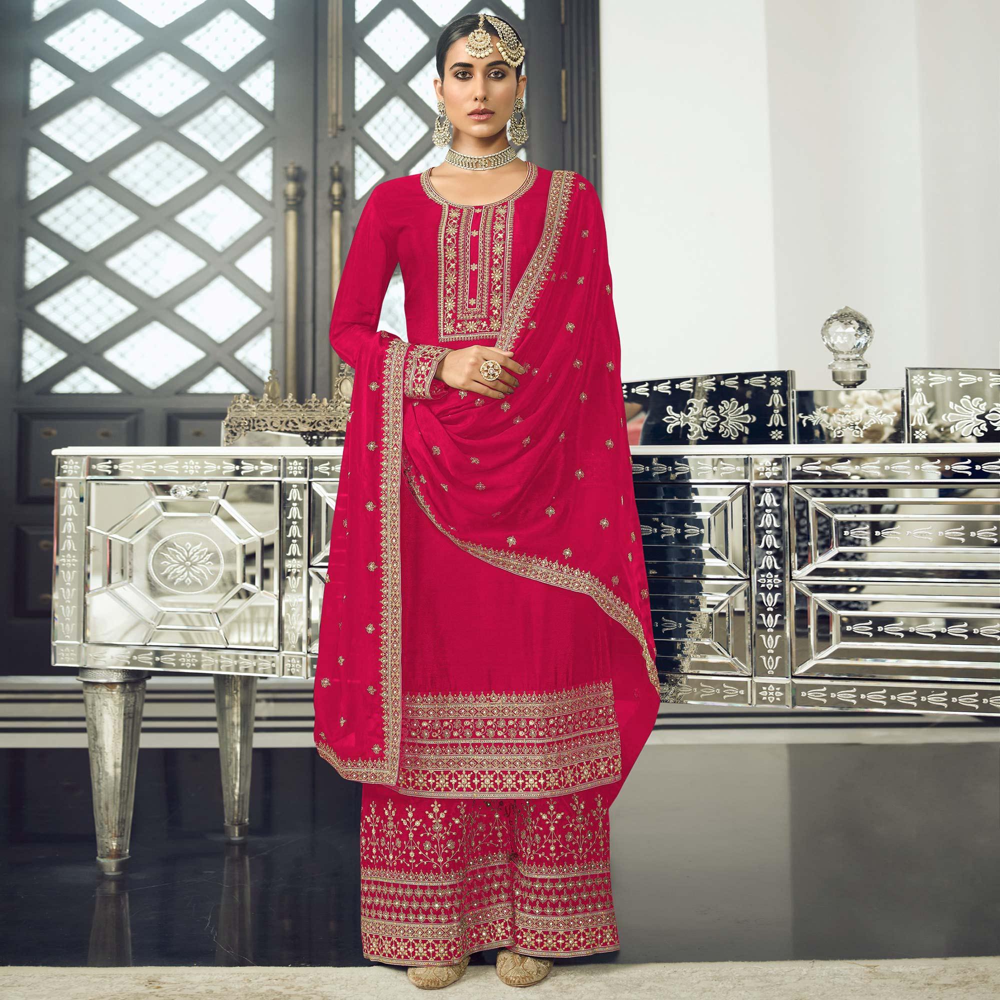 Pink Embroidered With Embellished Dola Silk Palazzo Suit - Peachmode