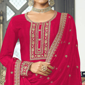 Pink Embroidered With Embellished Dola Silk Palazzo Suit - Peachmode