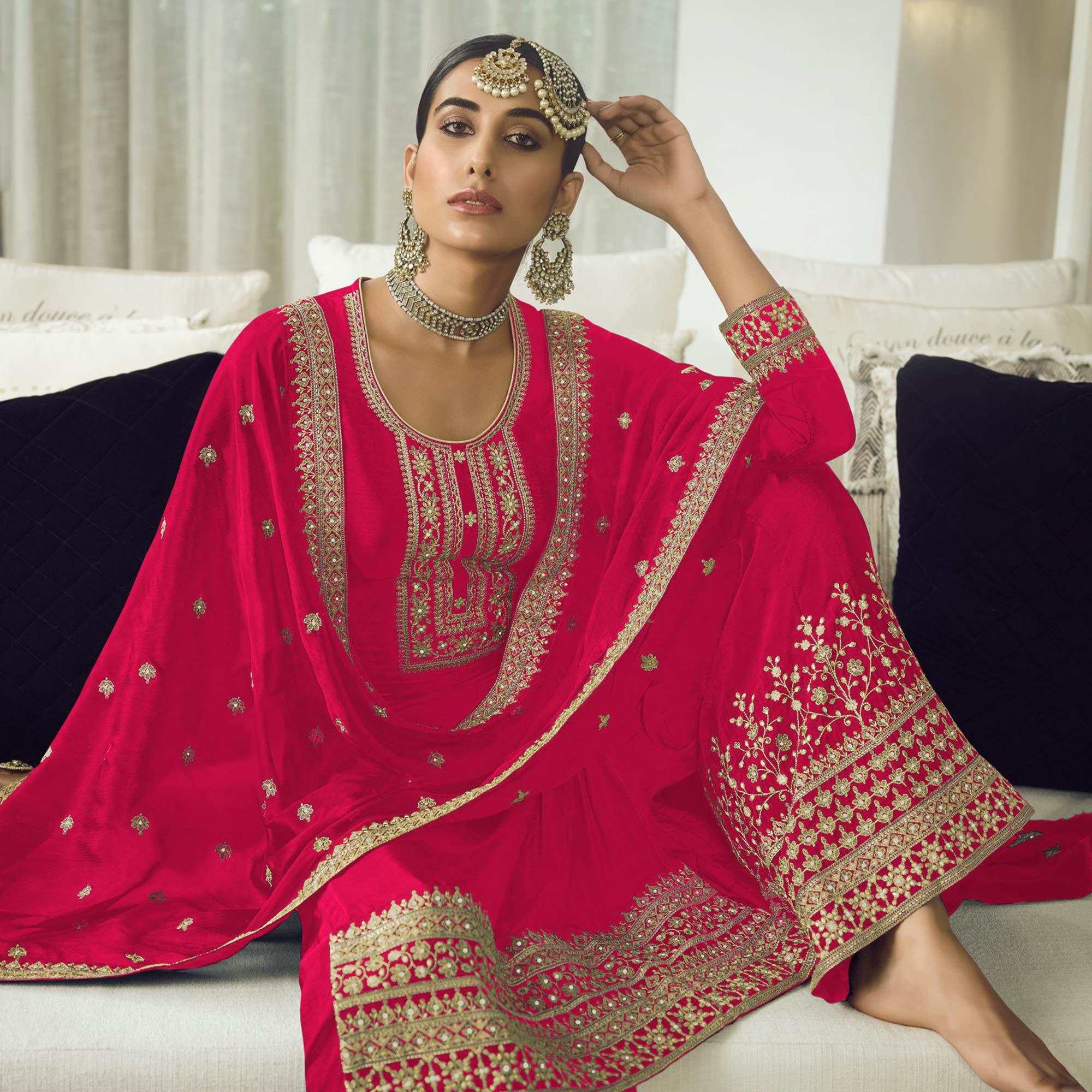Pink Embroidered With Embellished Dola Silk Palazzo Suit - Peachmode
