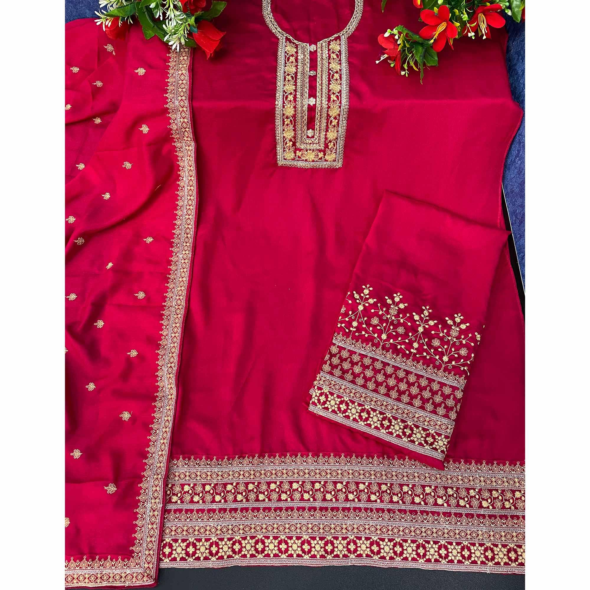 Pink Embroidered With Embellished Dola Silk Palazzo Suit - Peachmode