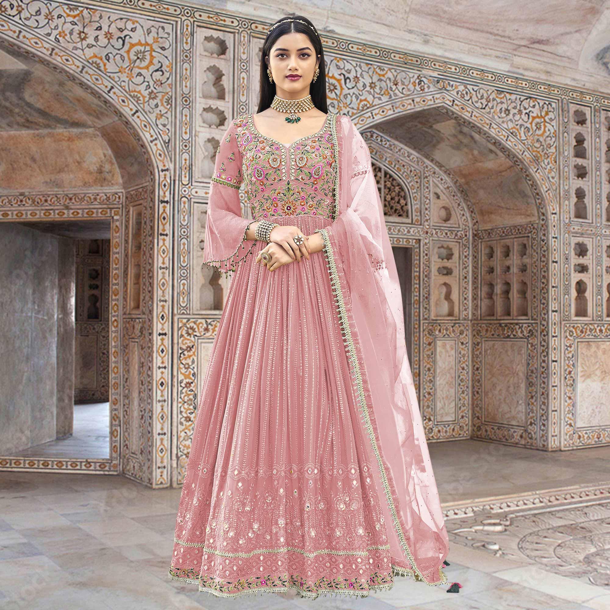 Pink Embroidered With Embellished Georgette Anarkali Style Gown - Peachmode