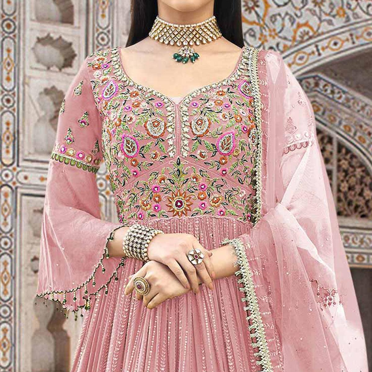 Pink Embroidered With Embellished Georgette Anarkali Style Gown - Peachmode