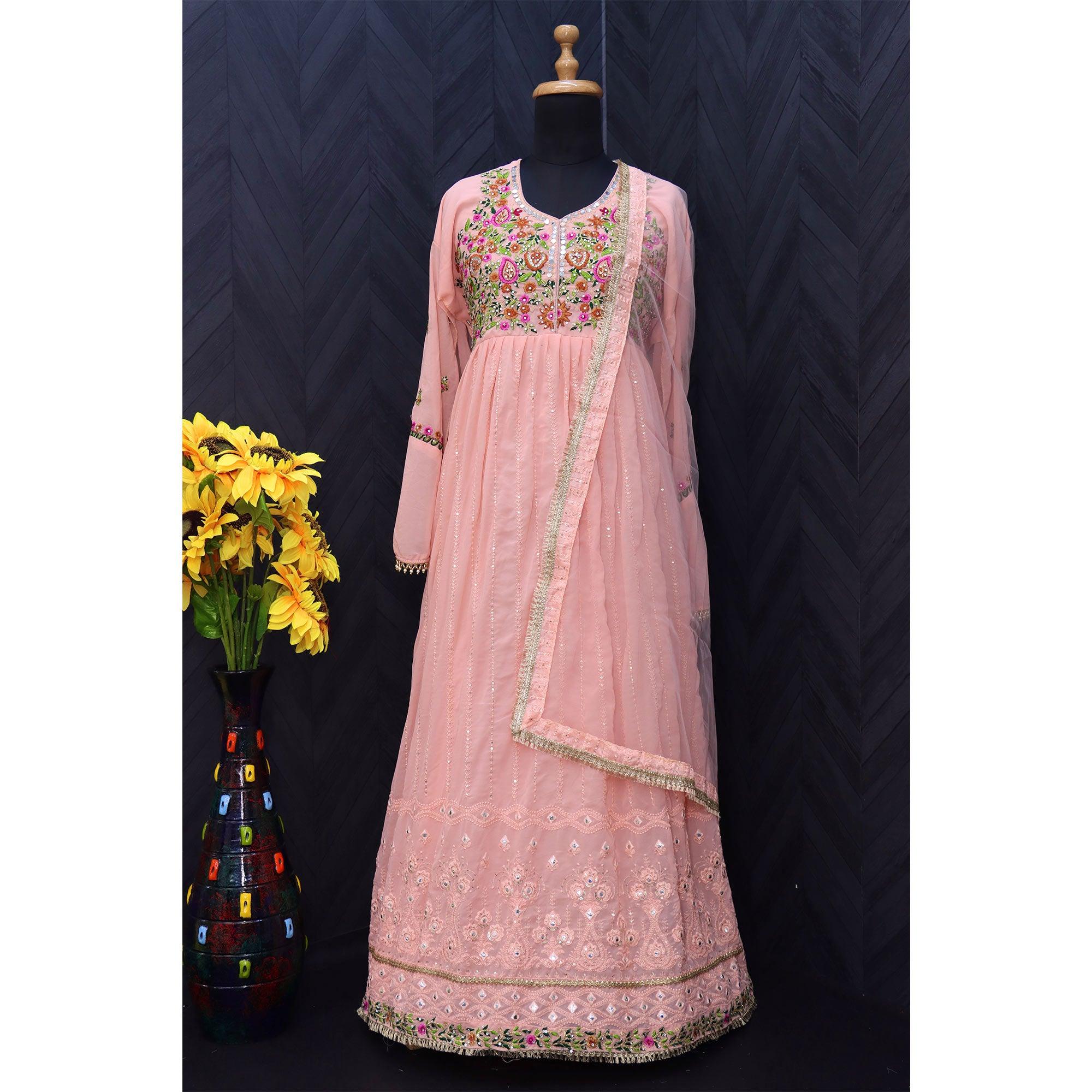 Pink Embroidered With Embellished Georgette Anarkali Style Gown - Peachmode