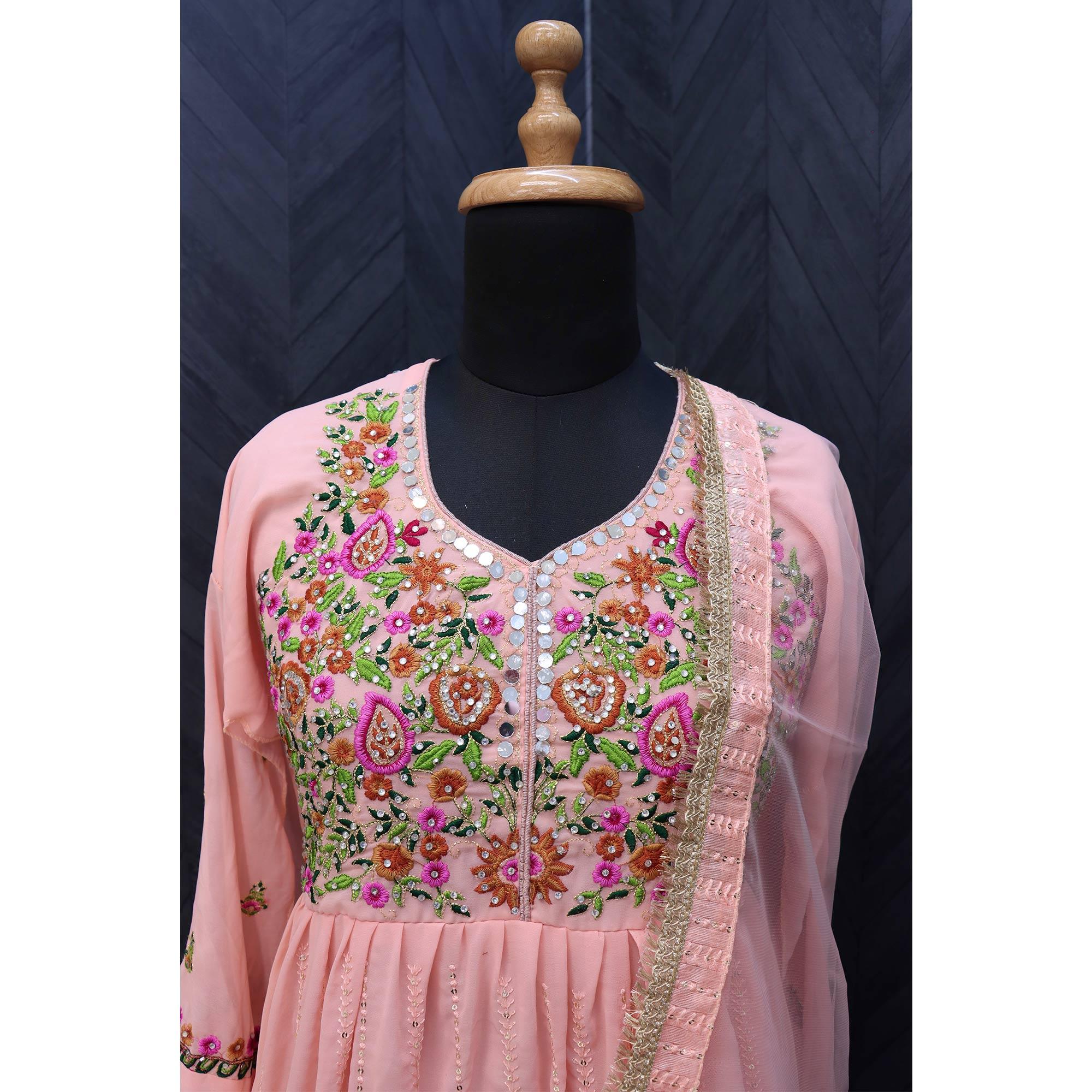 Pink Embroidered With Embellished Georgette Anarkali Style Gown - Peachmode