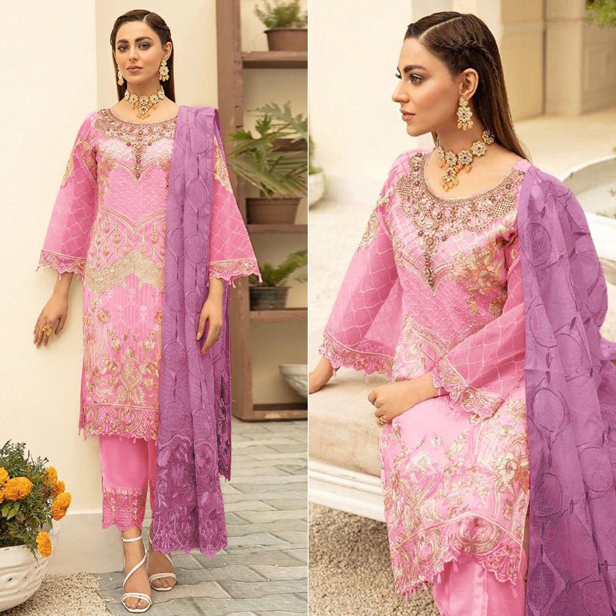 Pink Embroidered With Embellished Georgette Pakistani Suit - Peachmode