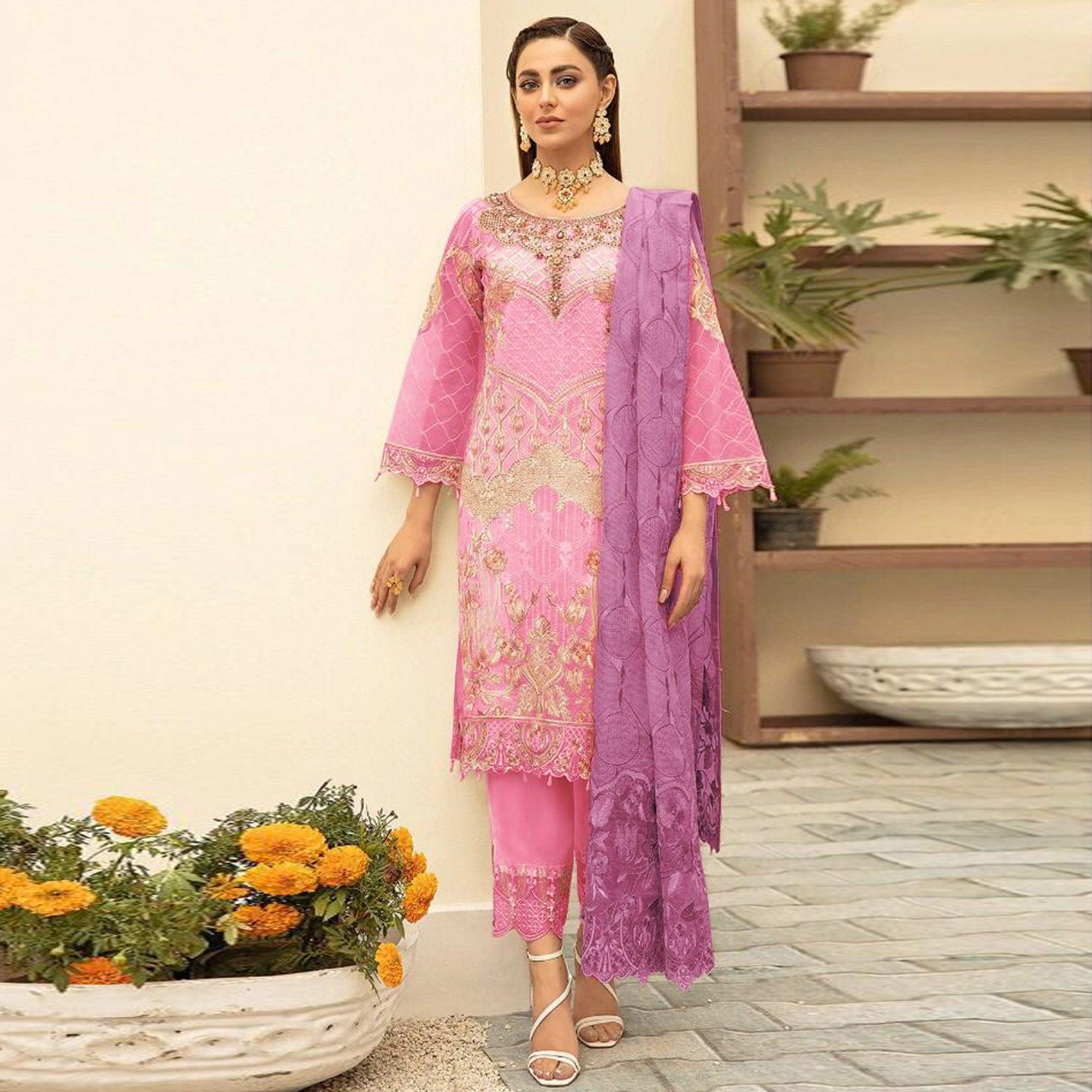 Pink Embroidered With Embellished Georgette Pakistani Suit - Peachmode