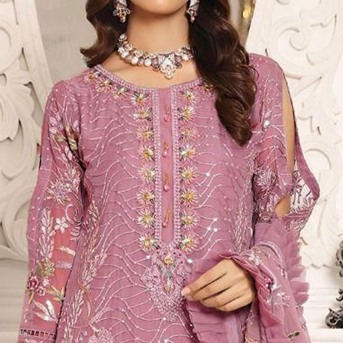 Pink Embroidered With Embellished Georgette Pakistani Suit - Peachmode