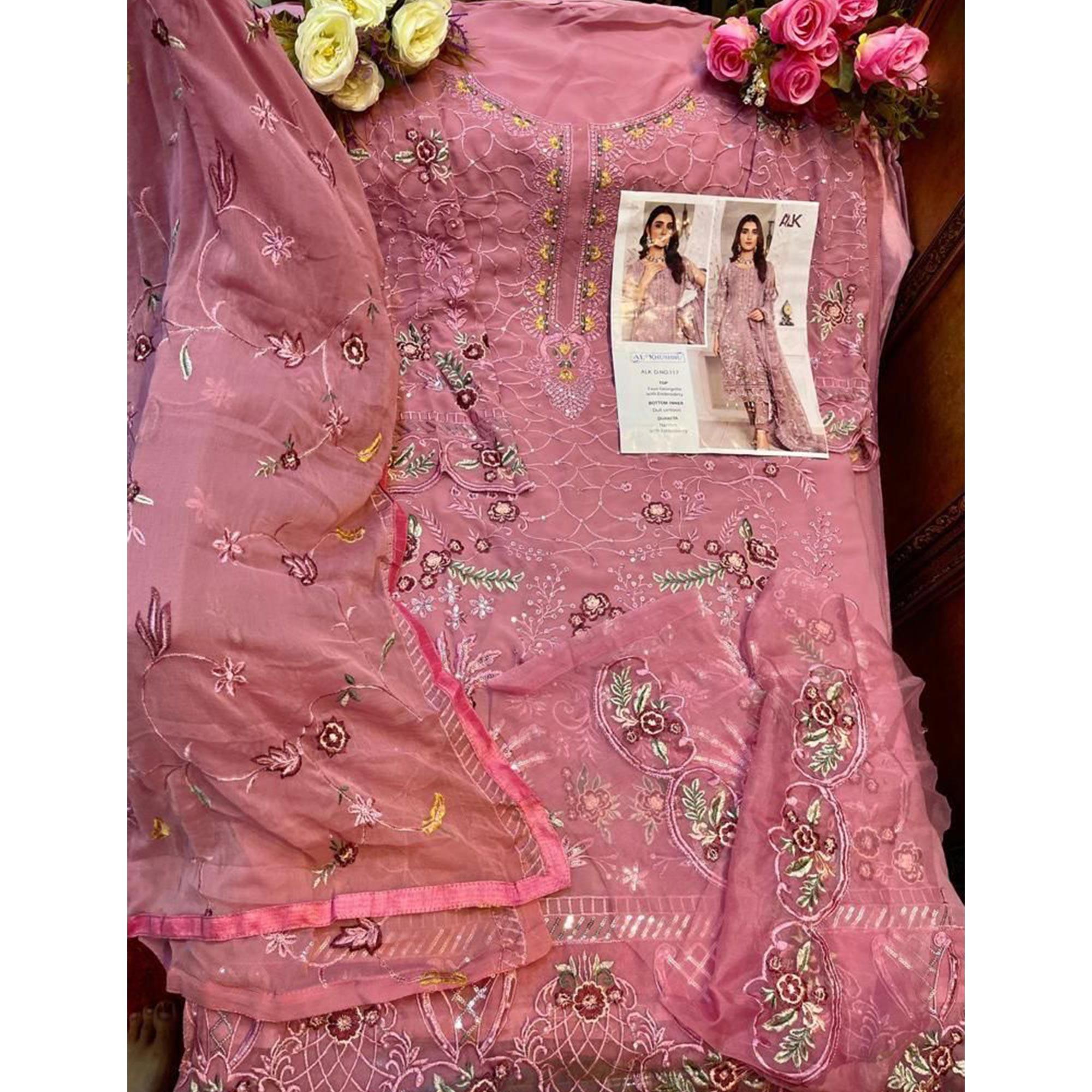 Pink Embroidered With Embellished Georgette Pakistani Suit - Peachmode