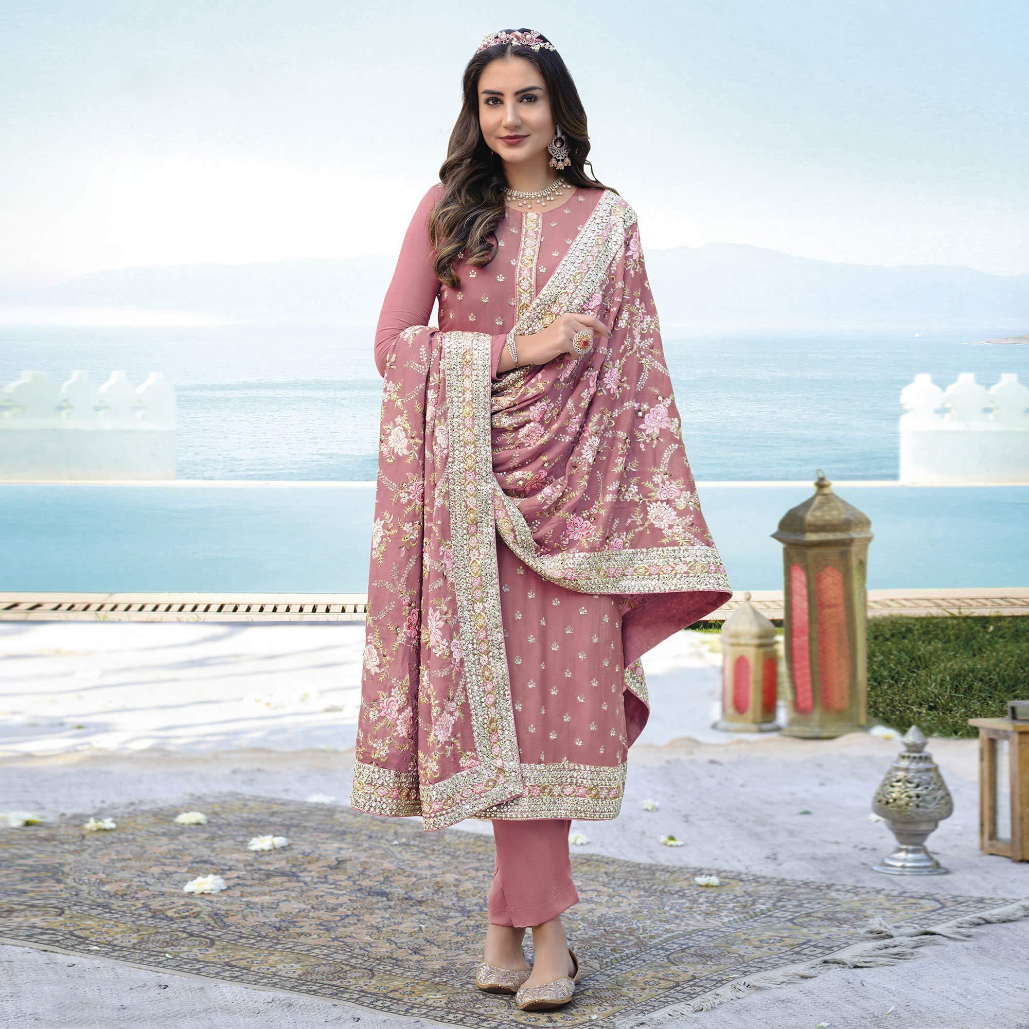 Pink Embroidered With Embellished Georgette Salwar Suit - Peachmode