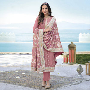 Pink Embroidered With Embellished Georgette Salwar Suit - Peachmode
